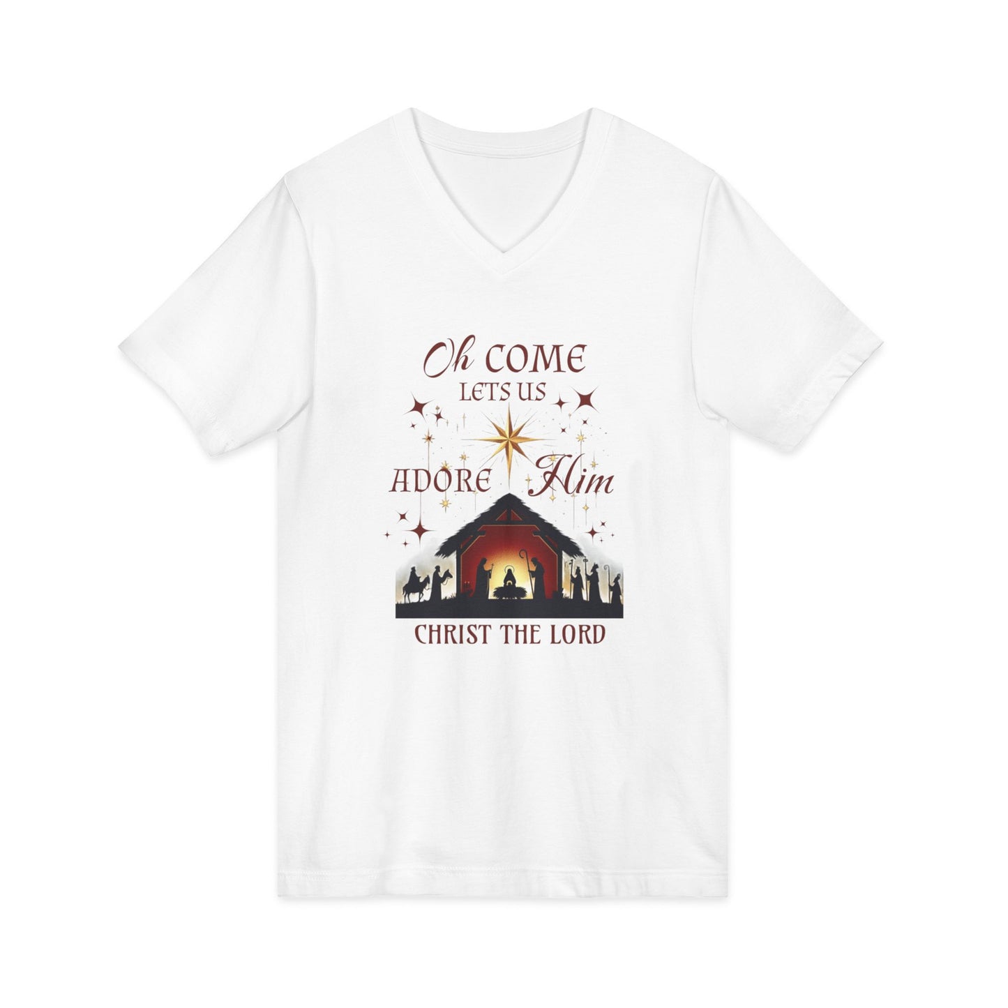 V-Neck Tee Nativity Scene 'Oh come let us adore Him, Christ the Lord'