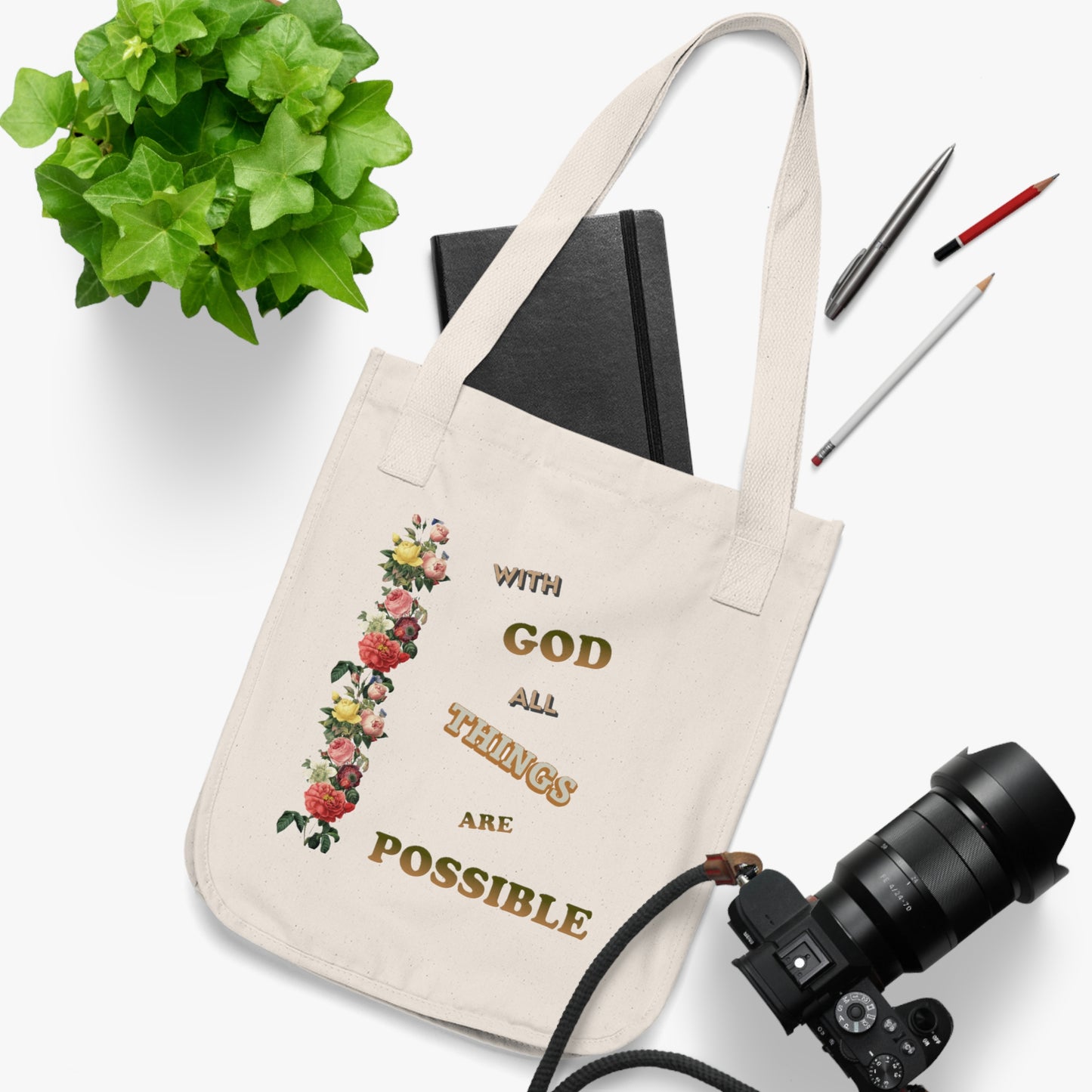 Organic Canvas Tote Bag "WITH GOD ALL THINGS ARE POSSIBLE"