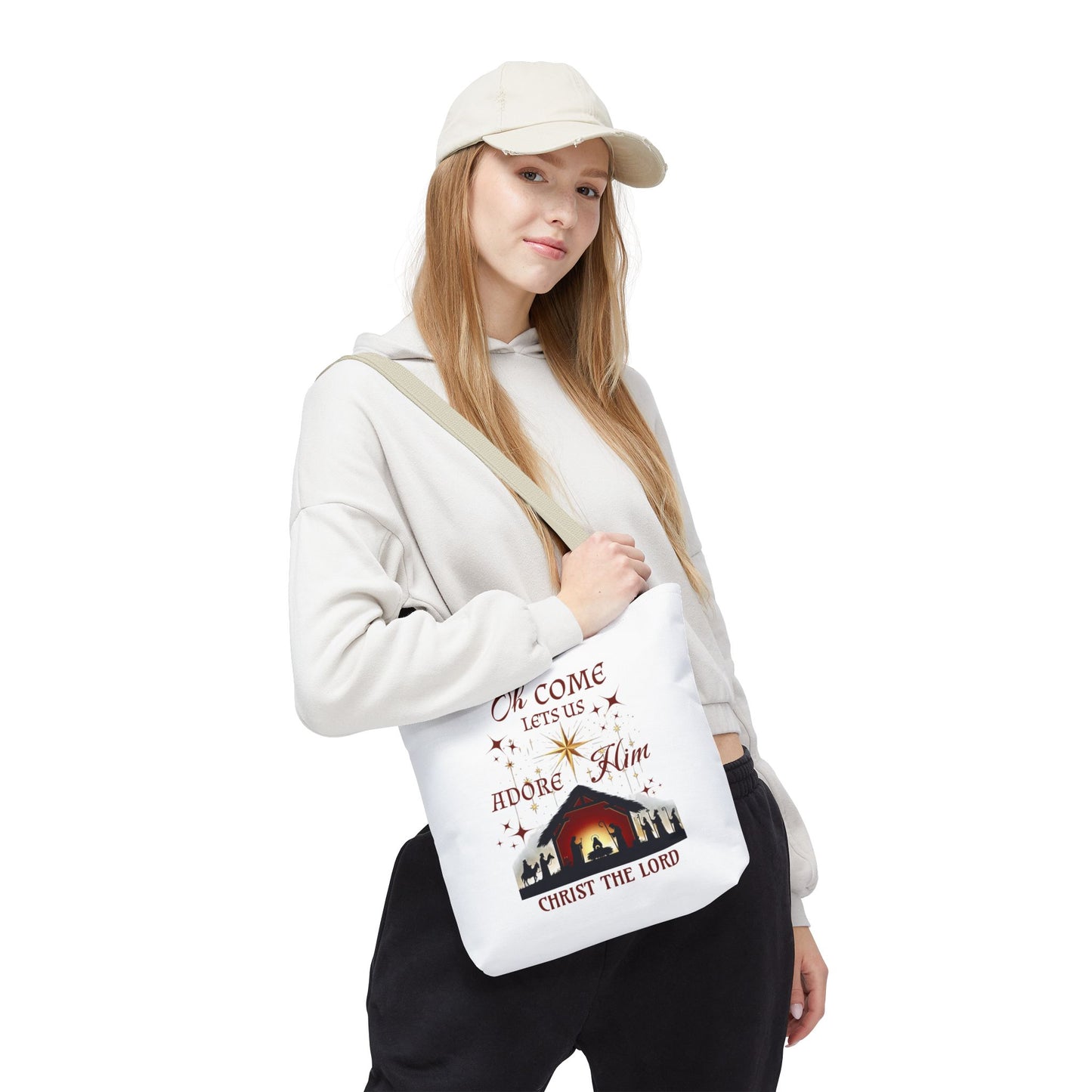 Nativity Scene Tote Bag with 'Oh come let us adore Him, Christ the Lord' Phrase