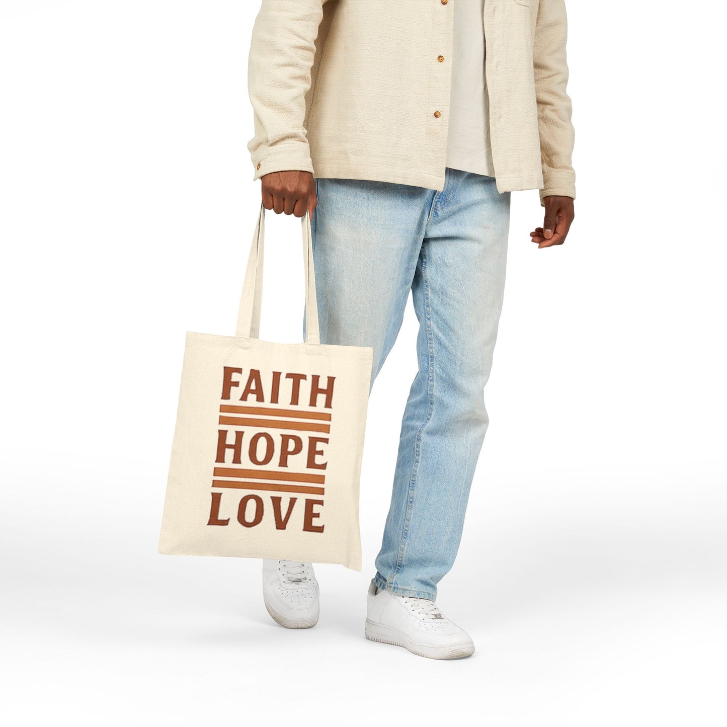 Faith Hope Love Cotton Canvas Tote Bag — Inspirational Quote Market Bag