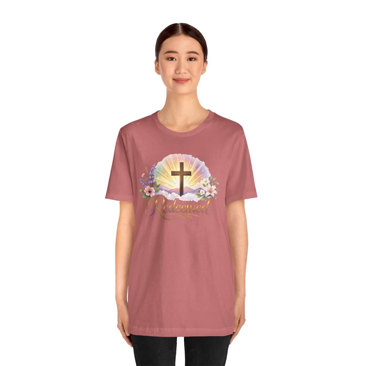 "Redeemed" Cross Floral T-Shirt — Christian Faith Tee