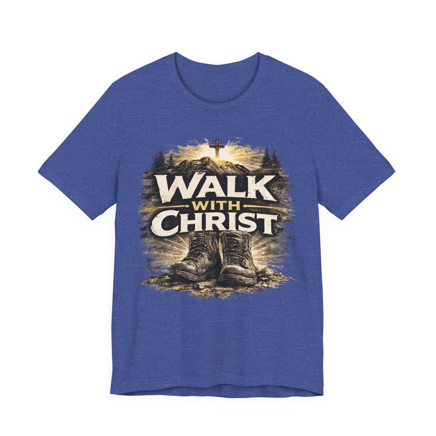Walk With Christ T-Shirt — Christian Faith Tee with Boots & Cross Design