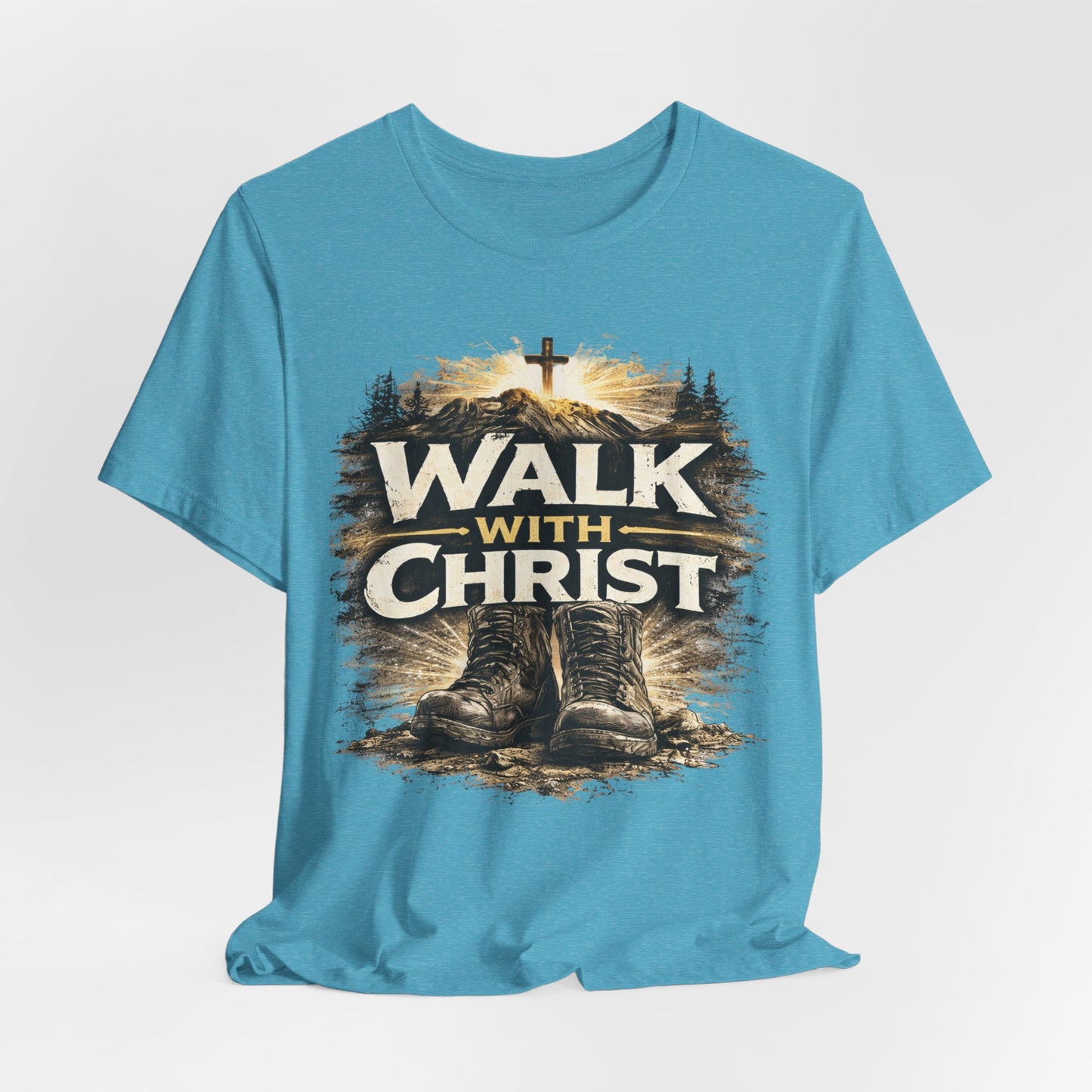 Walk With Christ T-Shirt — Christian Faith Tee with Boots & Cross Design