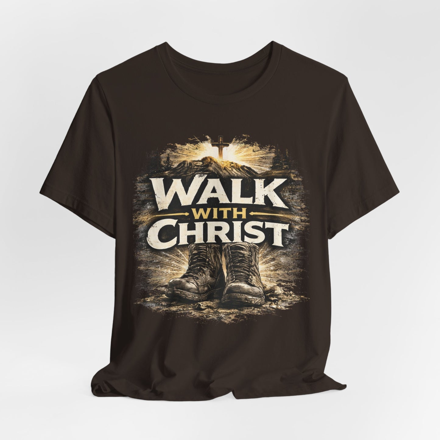 Walk With Christ T-Shirt — Christian Faith Tee with Boots & Cross Design