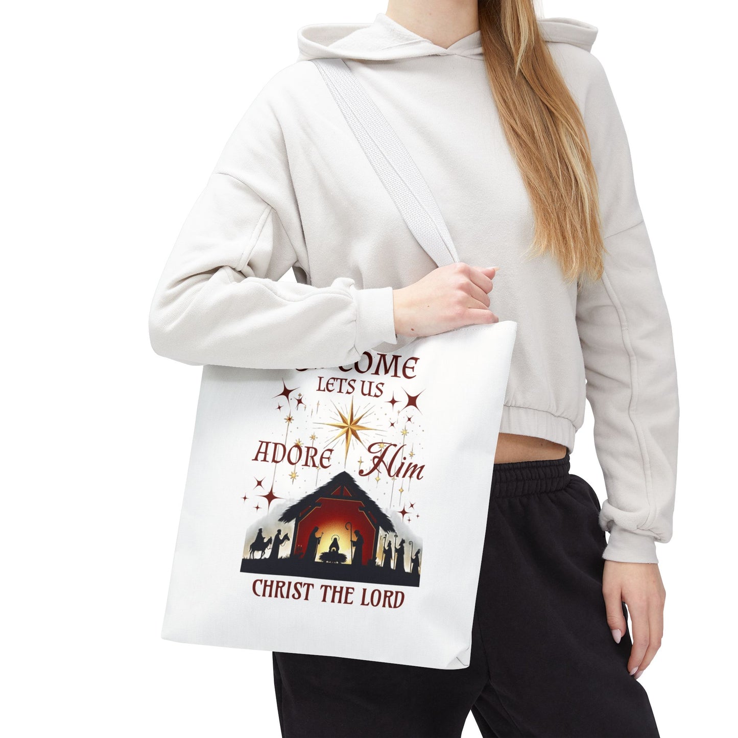 Nativity Scene Tote Bag with 'Oh come let us adore Him, Christ the Lord' Phrase