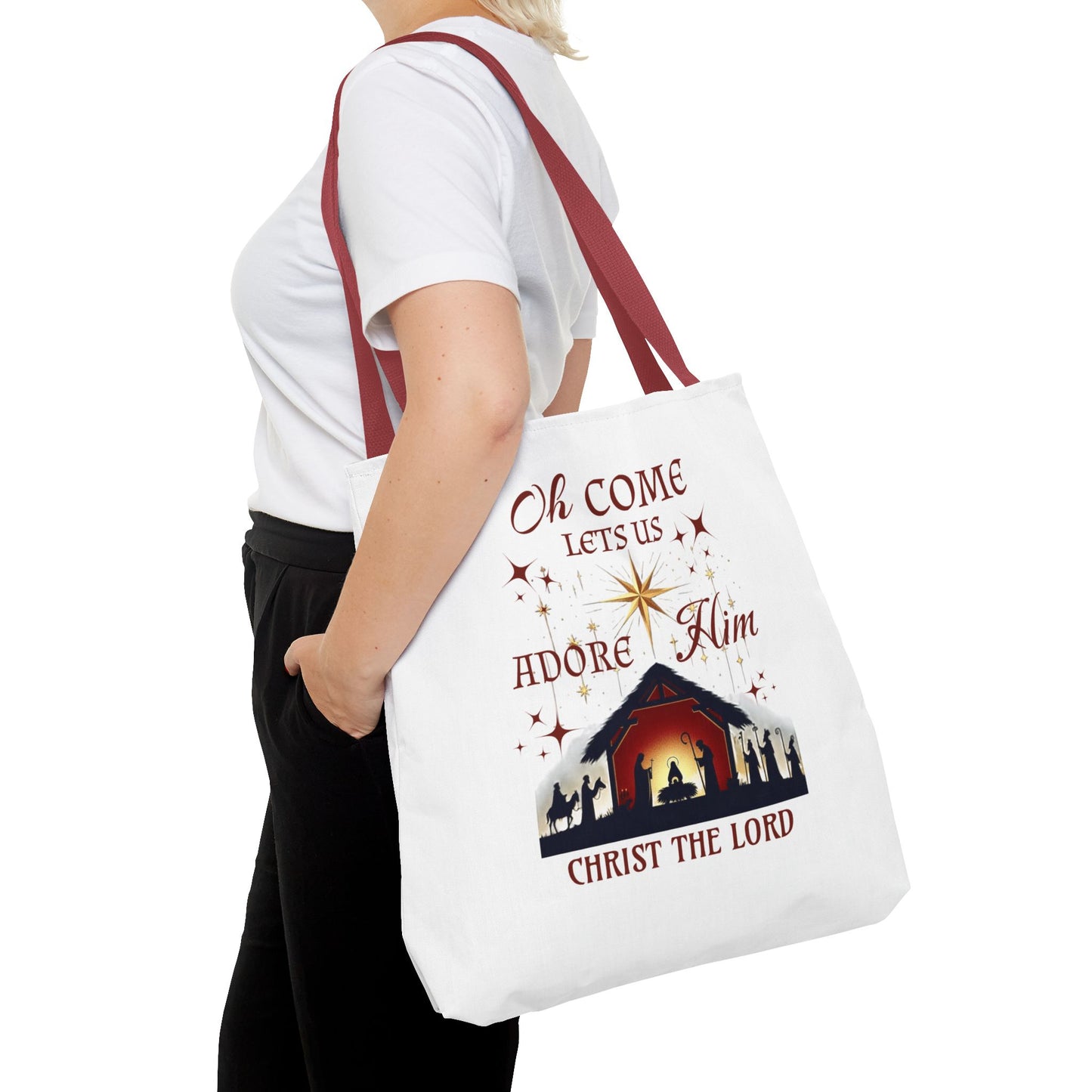 Nativity Scene Tote Bag with 'Oh come let us adore Him, Christ the Lord' Phrase