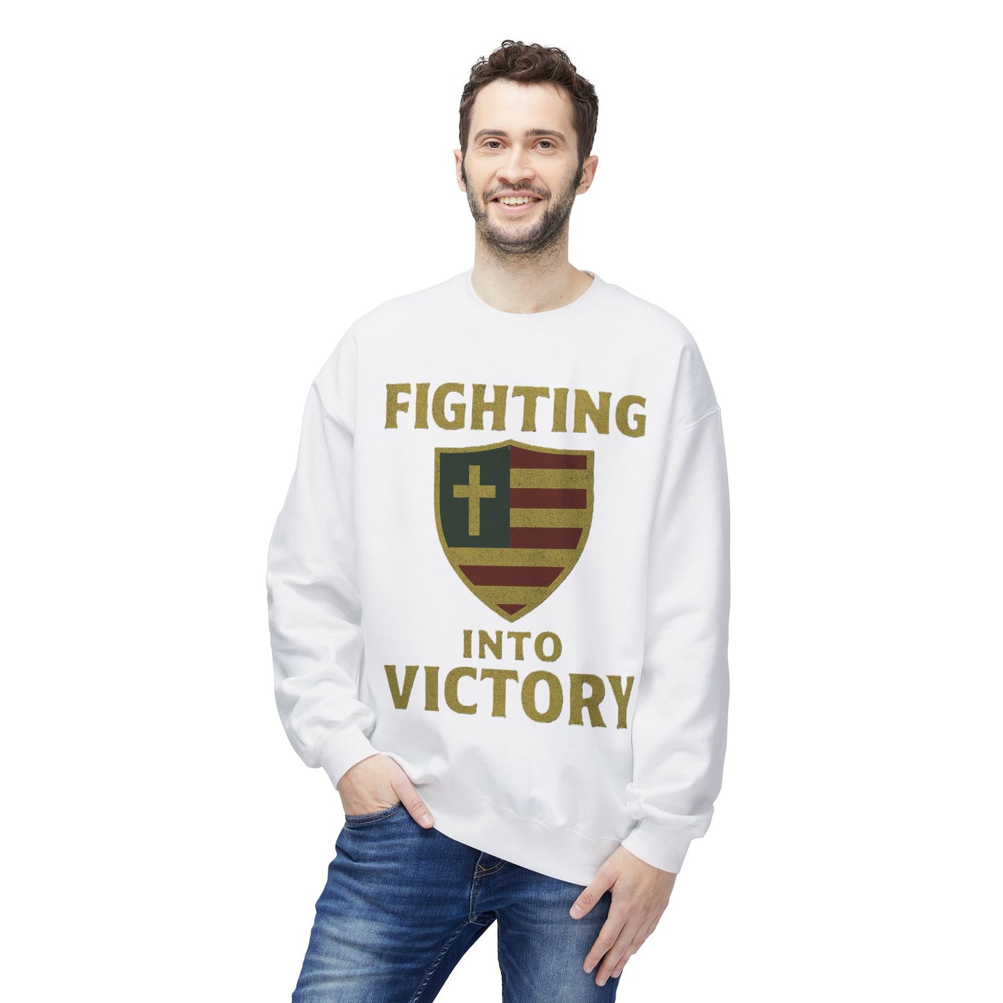 Christian Cross Shield Sweatshirt - Fighting into Victory