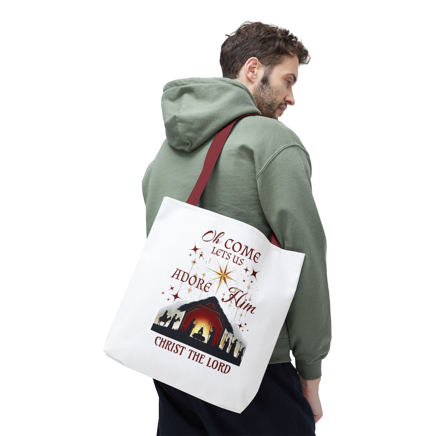 Nativity Scene Tote Bag with 'Oh come let us adore Him, Christ the Lord' Phrase