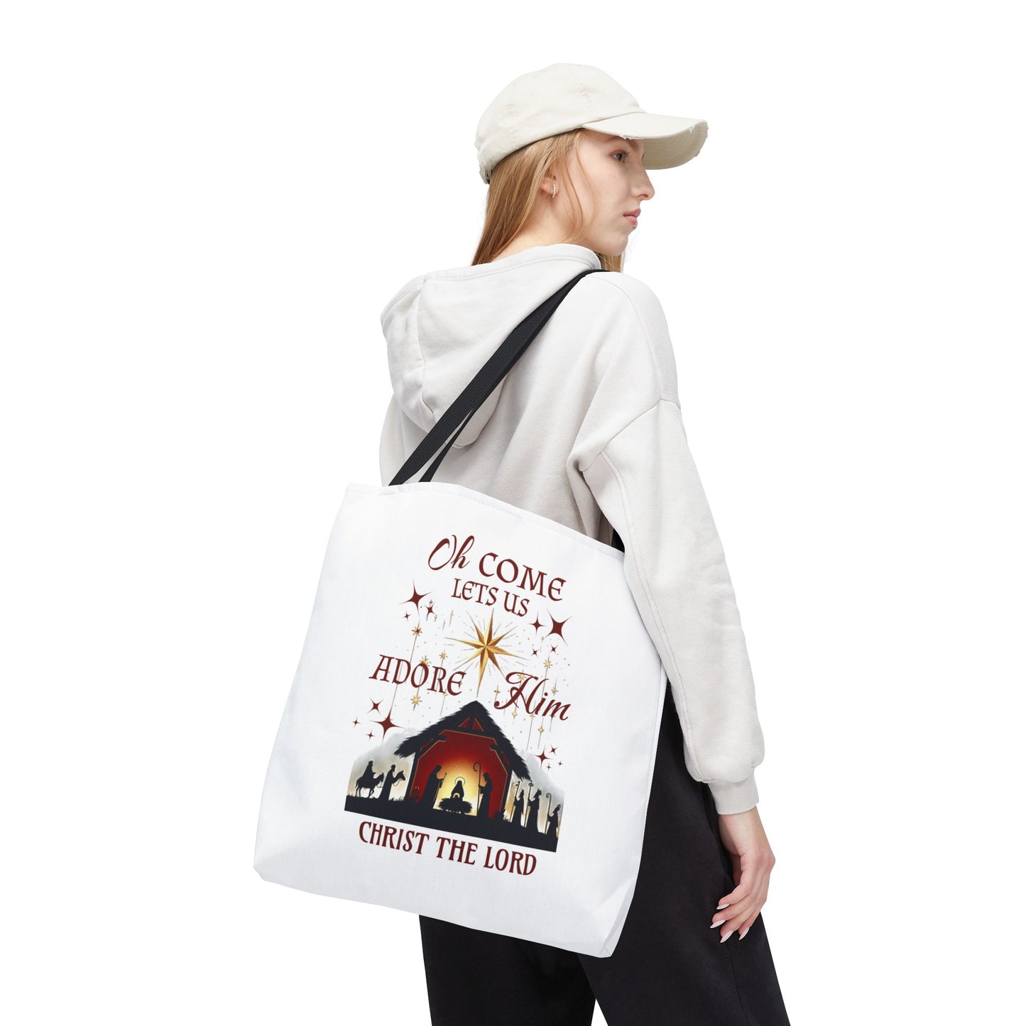 Nativity Scene Tote Bag with 'Oh come let us adore Him, Christ the Lord' Phrase
