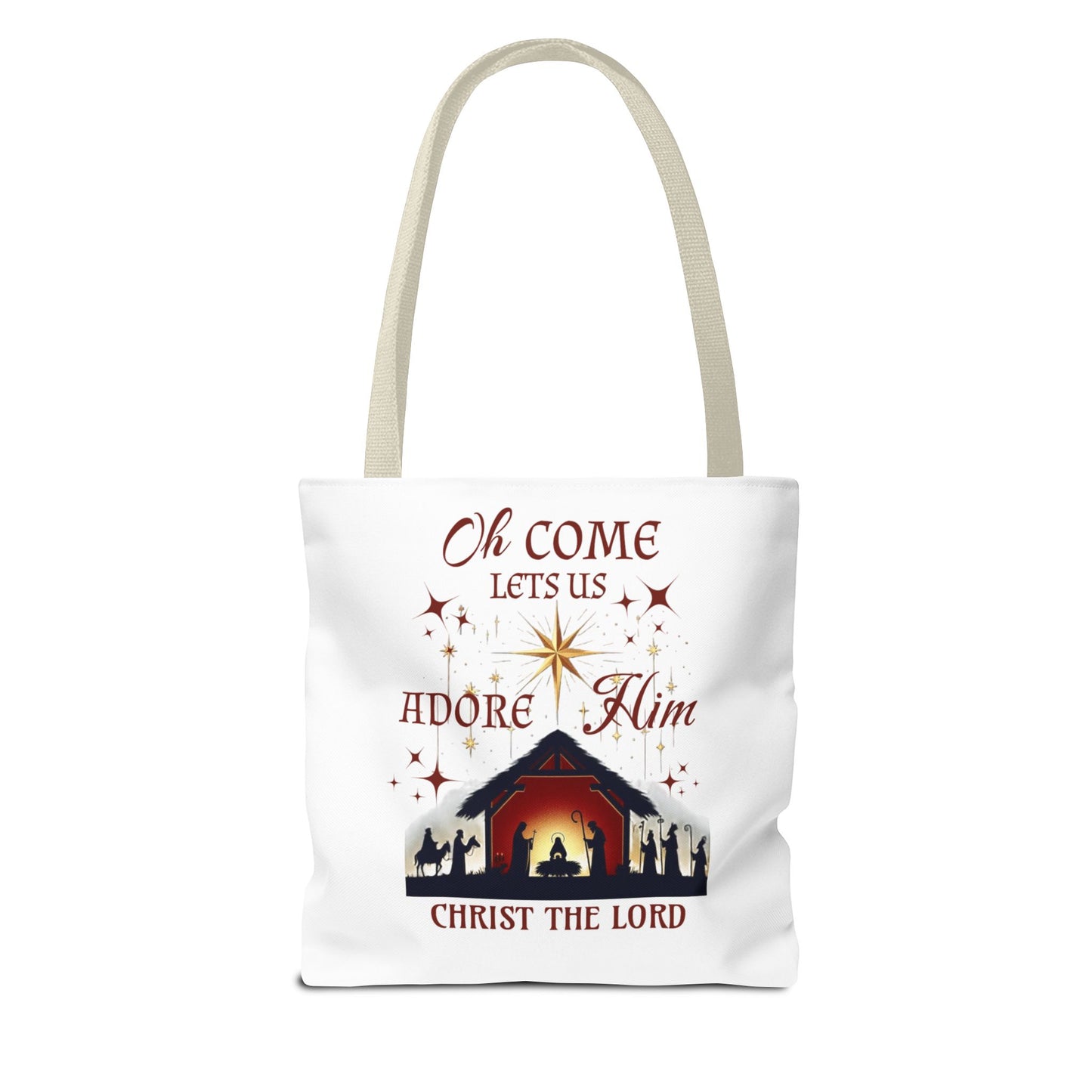 Nativity Scene Tote Bag with 'Oh come let us adore Him, Christ the Lord' Phrase