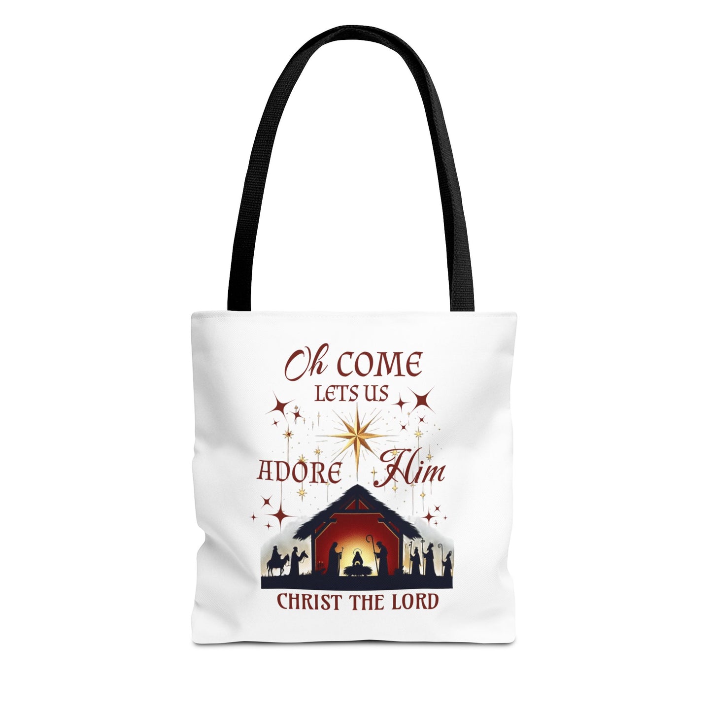 Nativity Scene Tote Bag with 'Oh come let us adore Him, Christ the Lord' Phrase