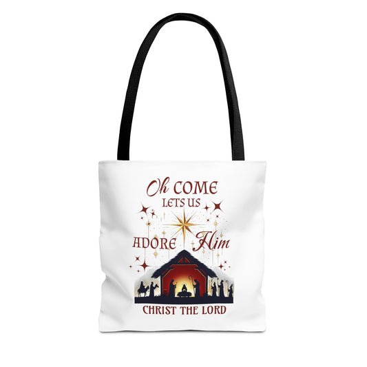 Nativity Scene Tote Bag with 'Oh come let us adore Him, Christ the Lord' Phrase