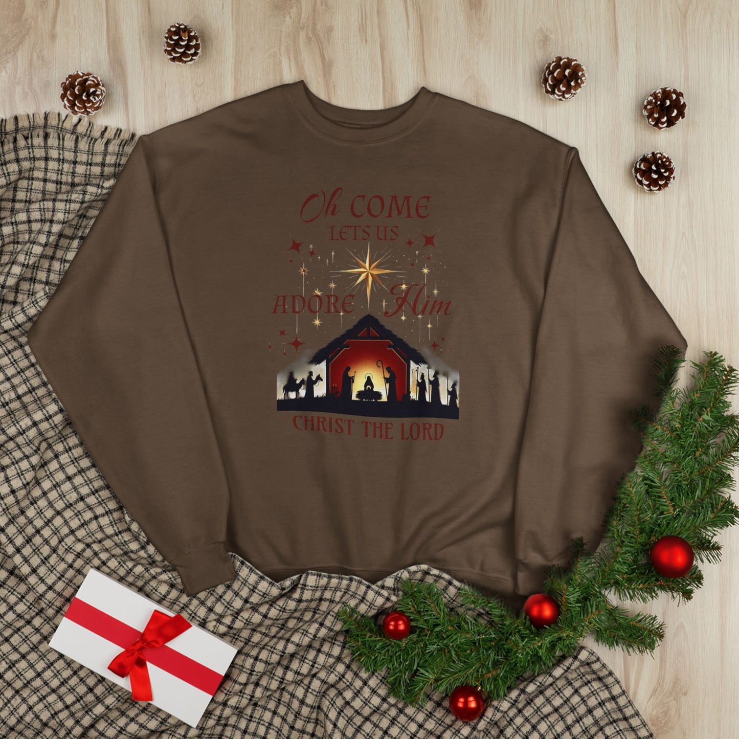 Christmas Nativity Unisex Sweatshirt with 'Oh come let us adore him, Christ the Lord' Design