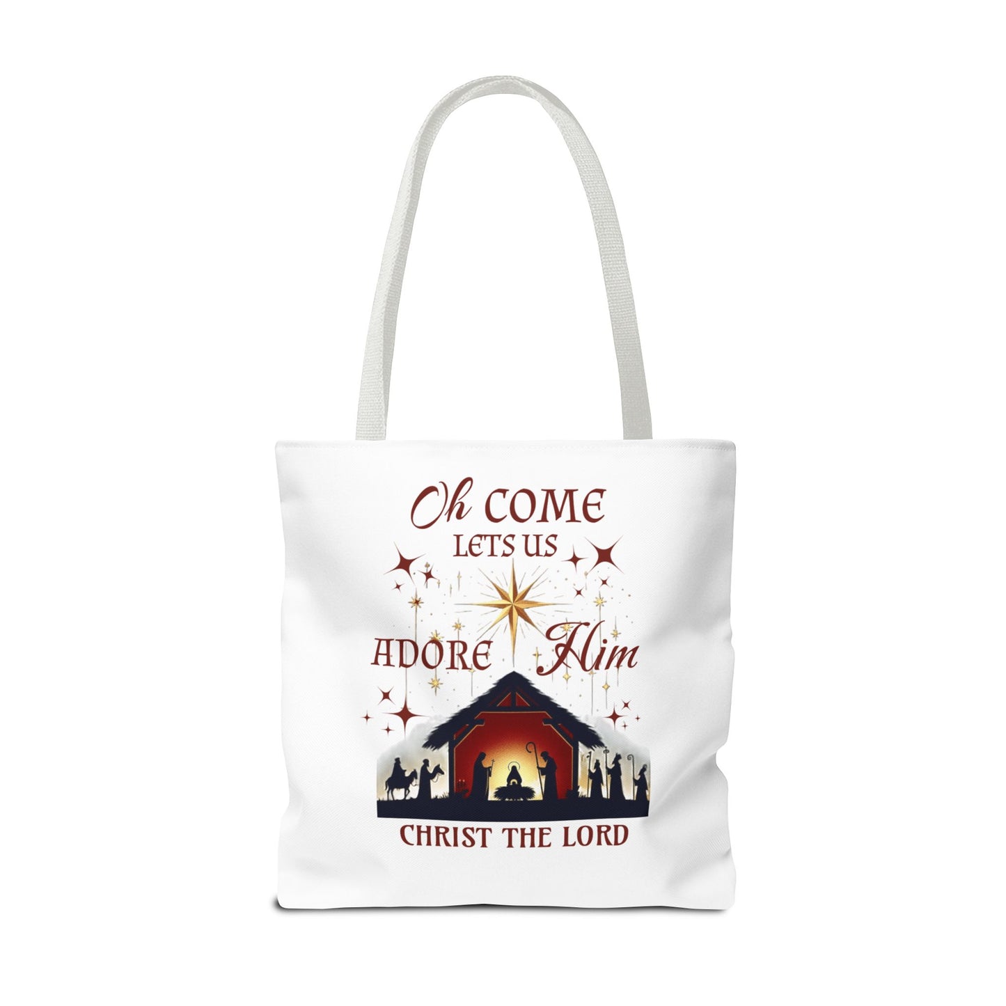 Nativity Scene Tote Bag with 'Oh come let us adore Him, Christ the Lord' Phrase