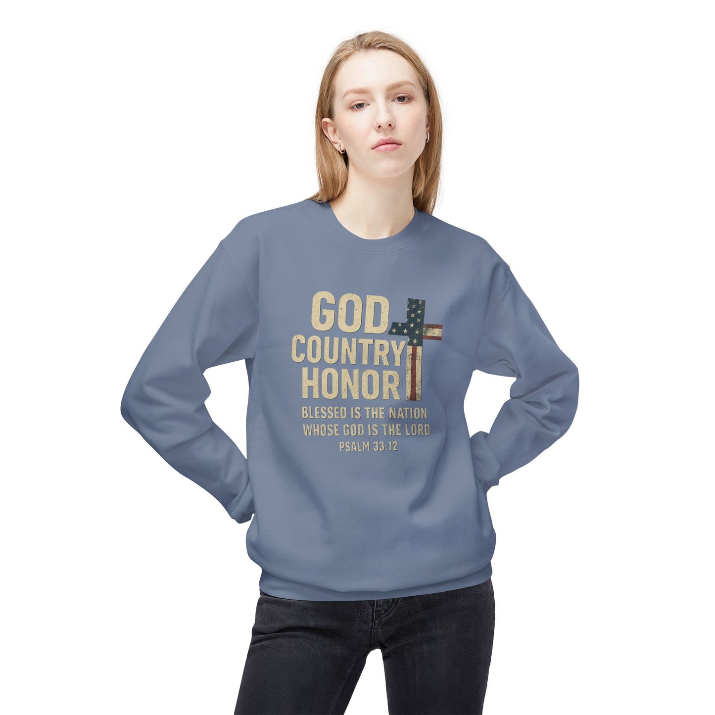 God, Country, Honor with American Flag Shaped Cross Sweatshirt -