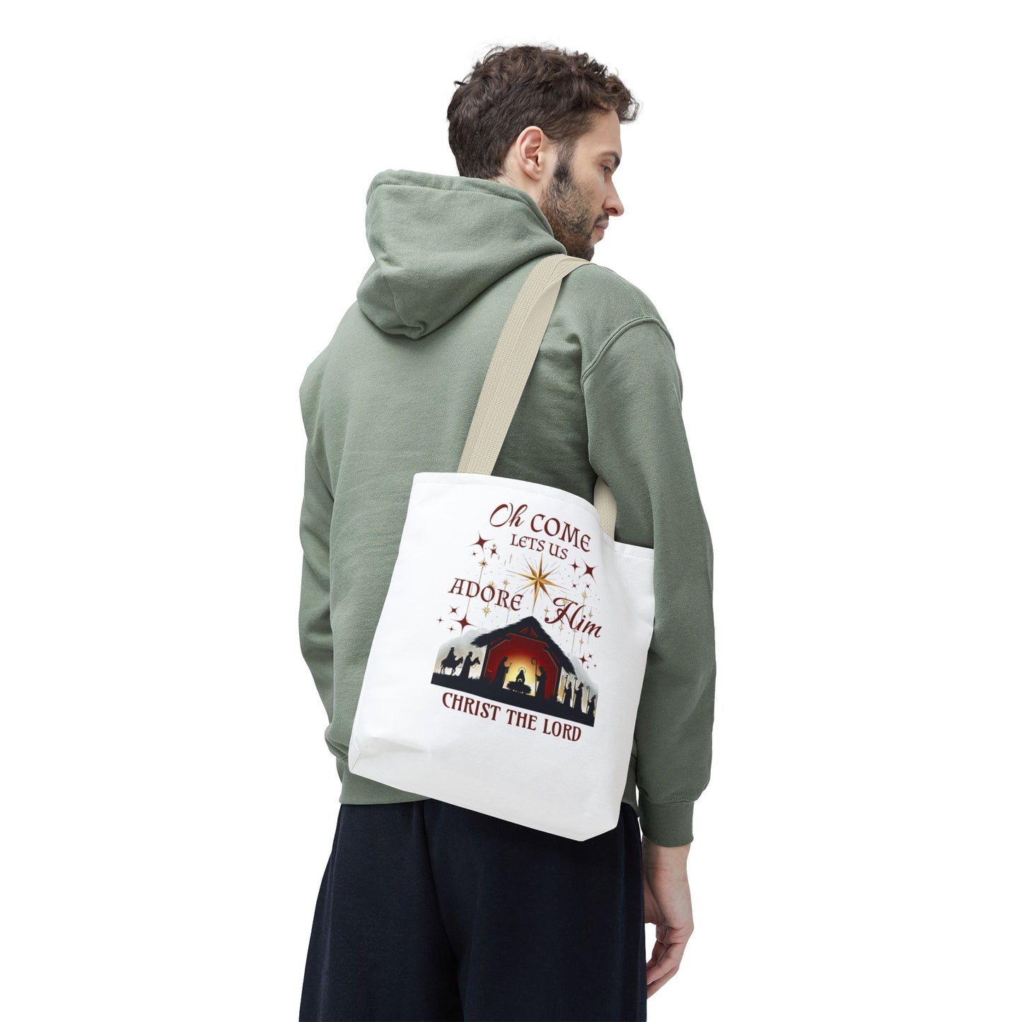 Nativity Scene Tote Bag with 'Oh come let us adore Him, Christ the Lord' Phrase