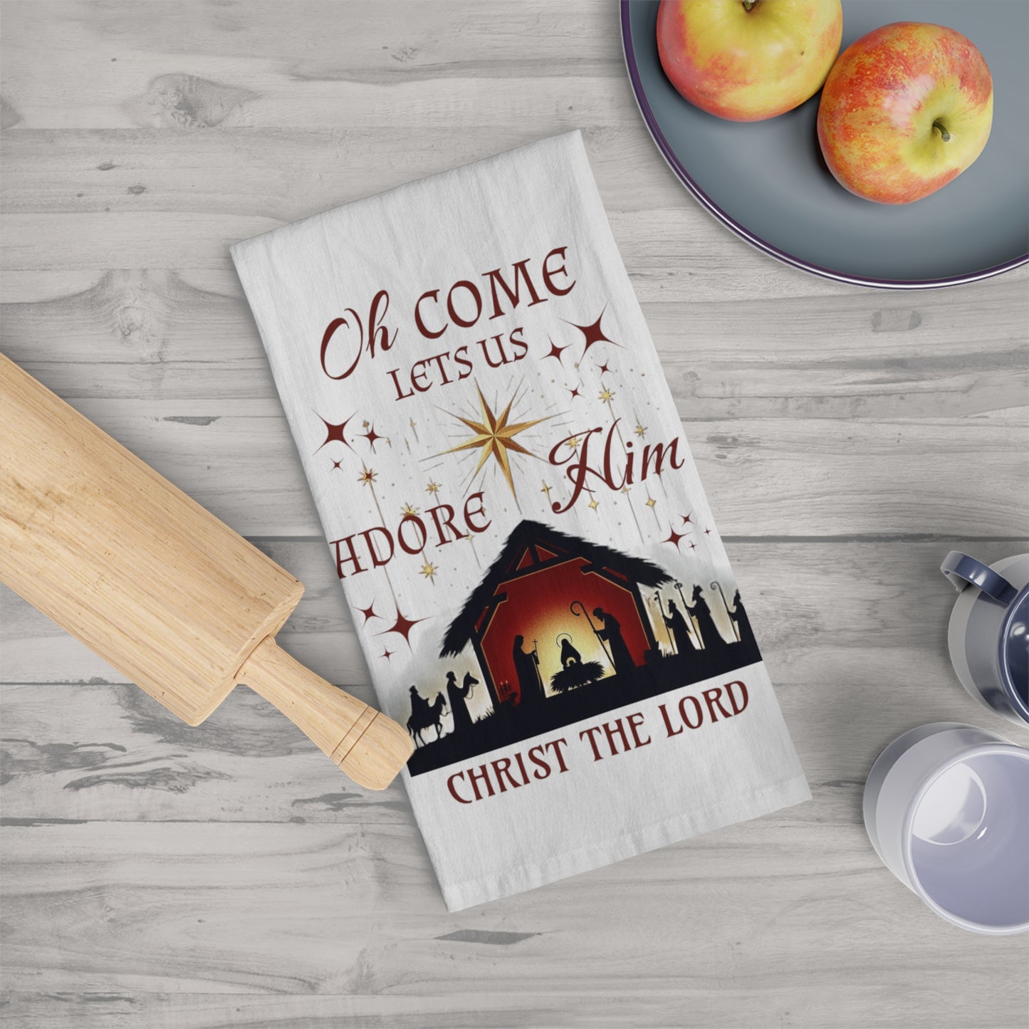 Tea Towel Nativity Scene Adore Him Christ the Lord