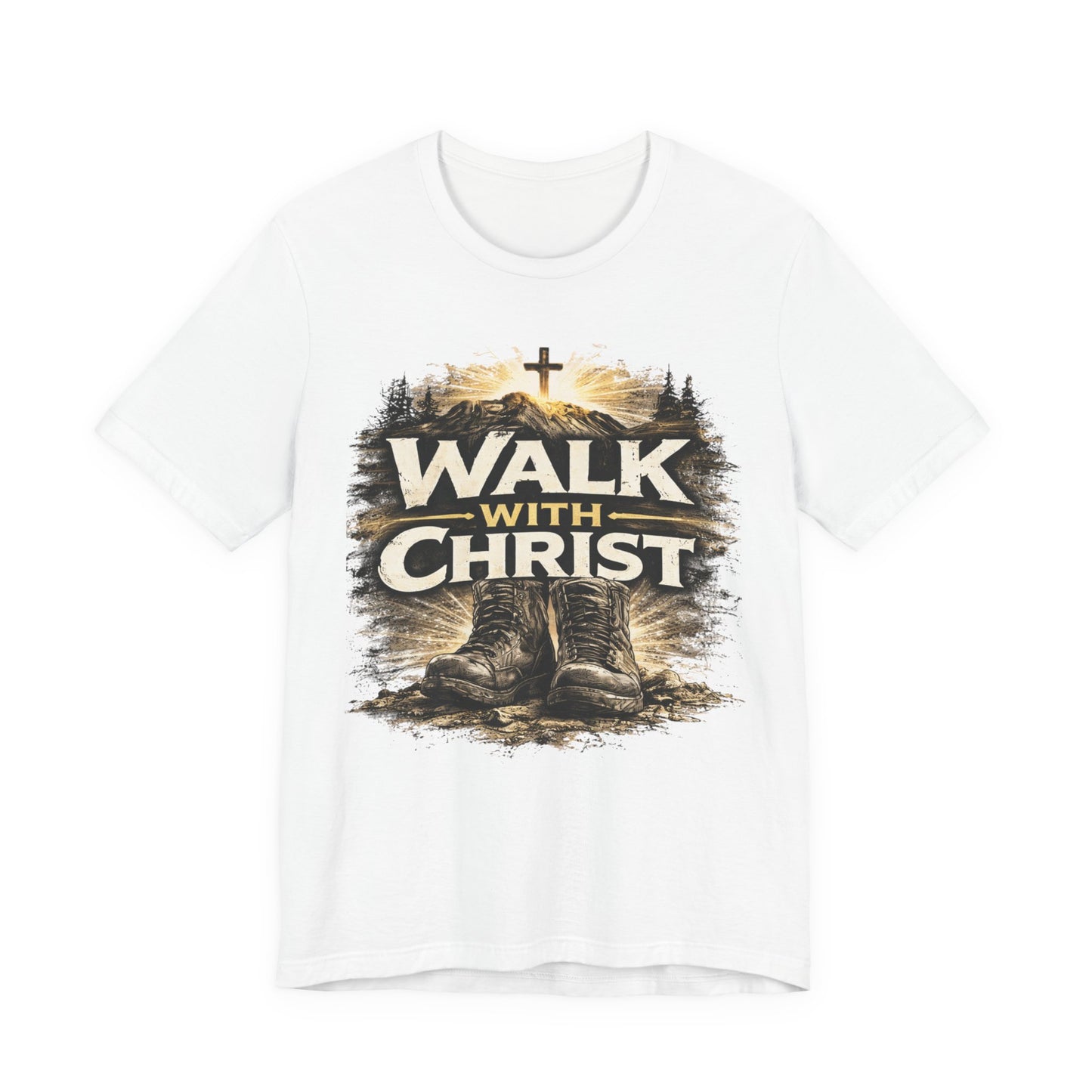 Walk With Christ T-Shirt — Christian Faith Tee with Boots & Cross Design
