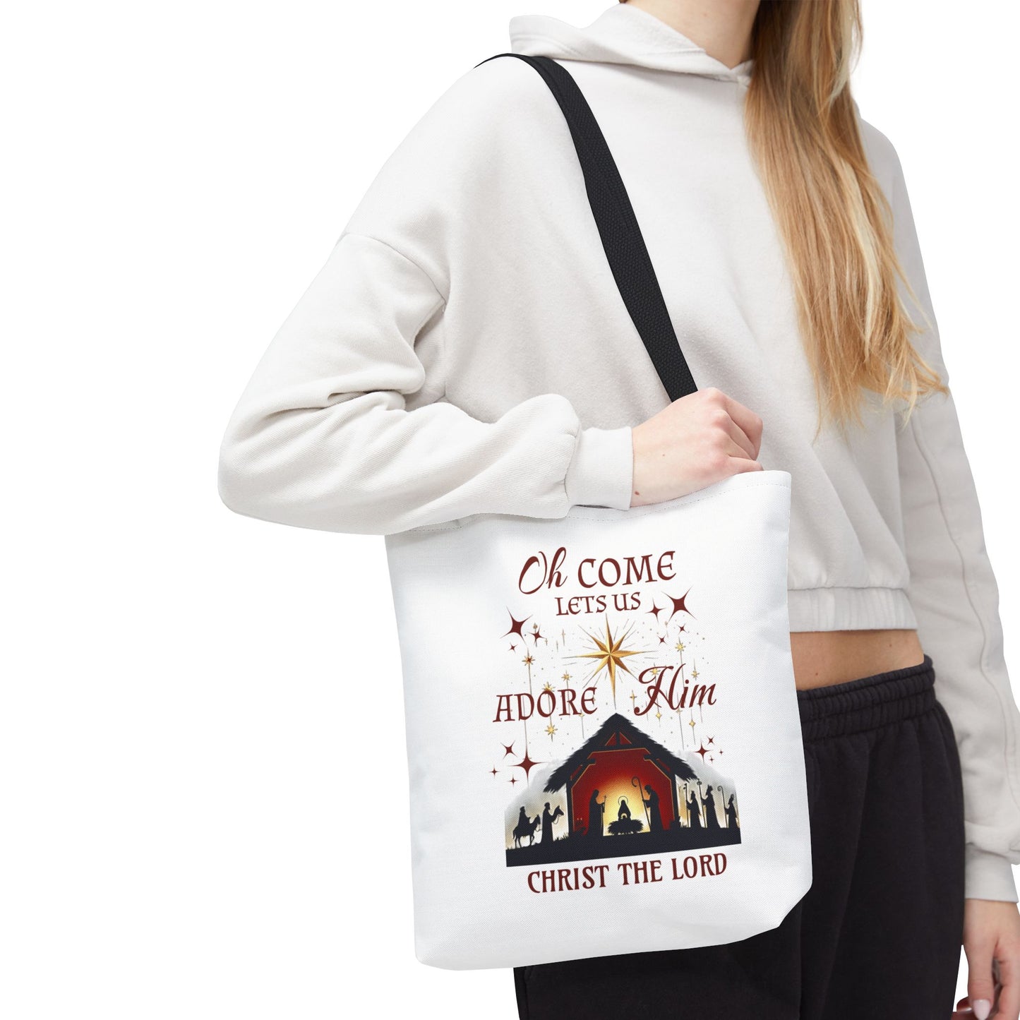 Nativity Scene Tote Bag with 'Oh come let us adore Him, Christ the Lord' Phrase