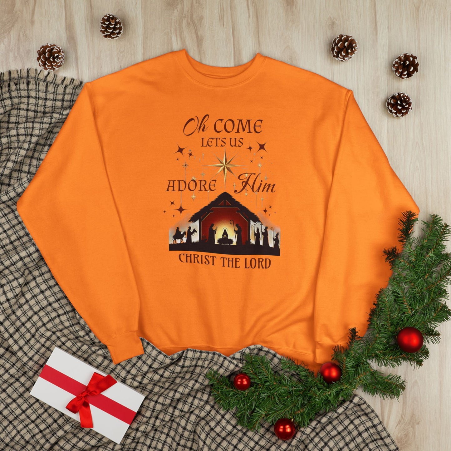 Christmas Nativity Unisex Sweatshirt with 'Oh come let us adore him, Christ the Lord' Design