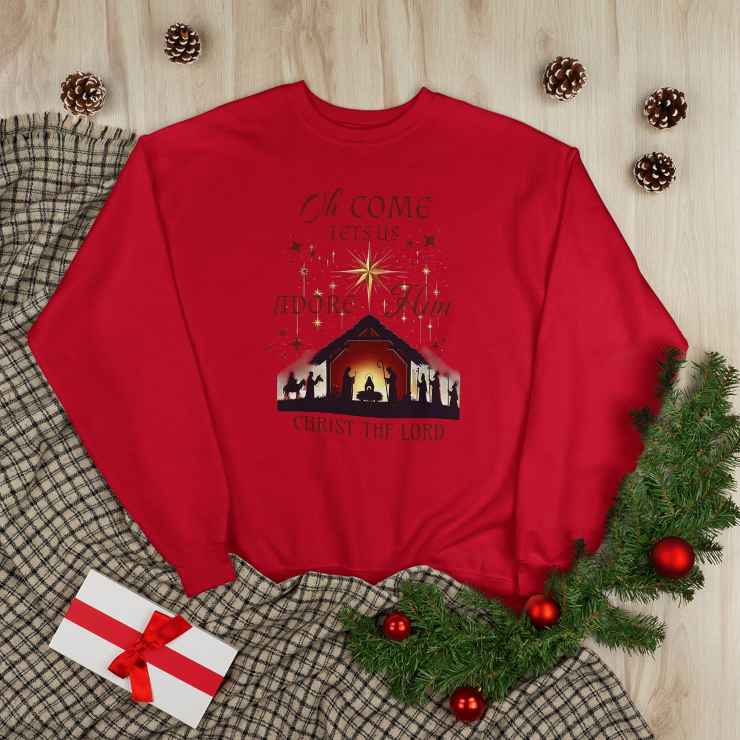 Christmas Nativity Unisex Sweatshirt with 'Oh come let us adore him, Christ the Lord' Design