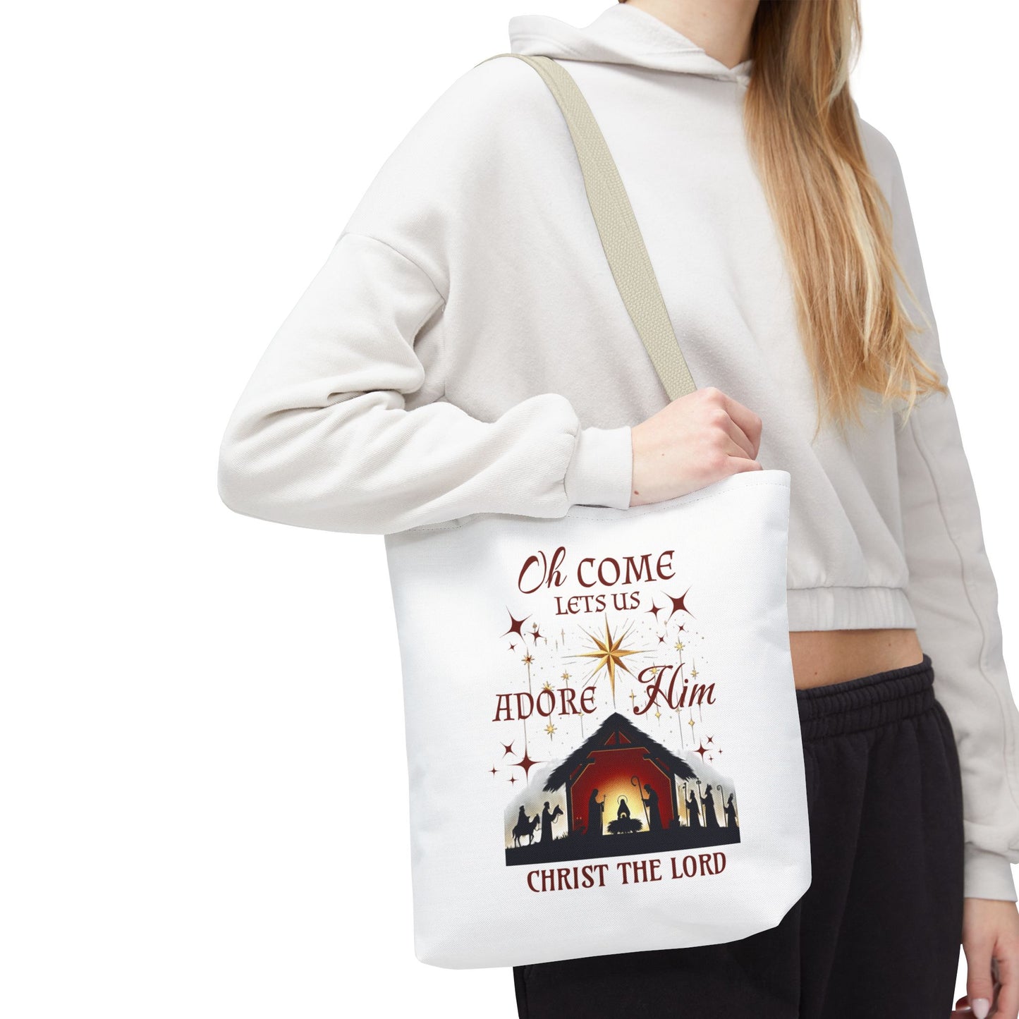 Nativity Scene Tote Bag with 'Oh come let us adore Him, Christ the Lord' Phrase