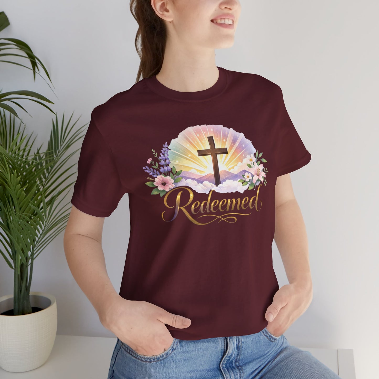 "Redeemed" Cross Floral T-Shirt — Christian Faith Tee