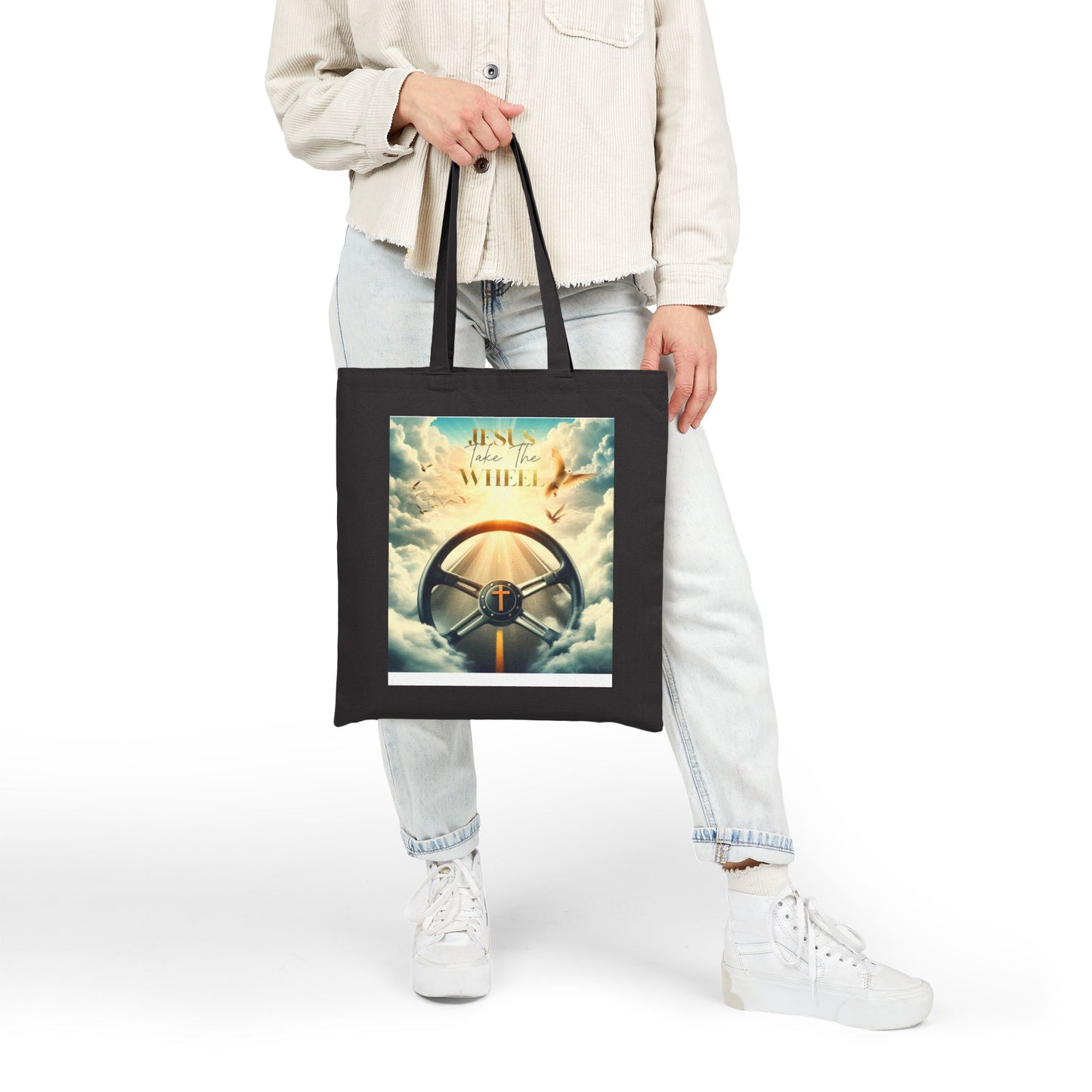 Cotton Canvas Tote Bag "Jesus take the wheel"