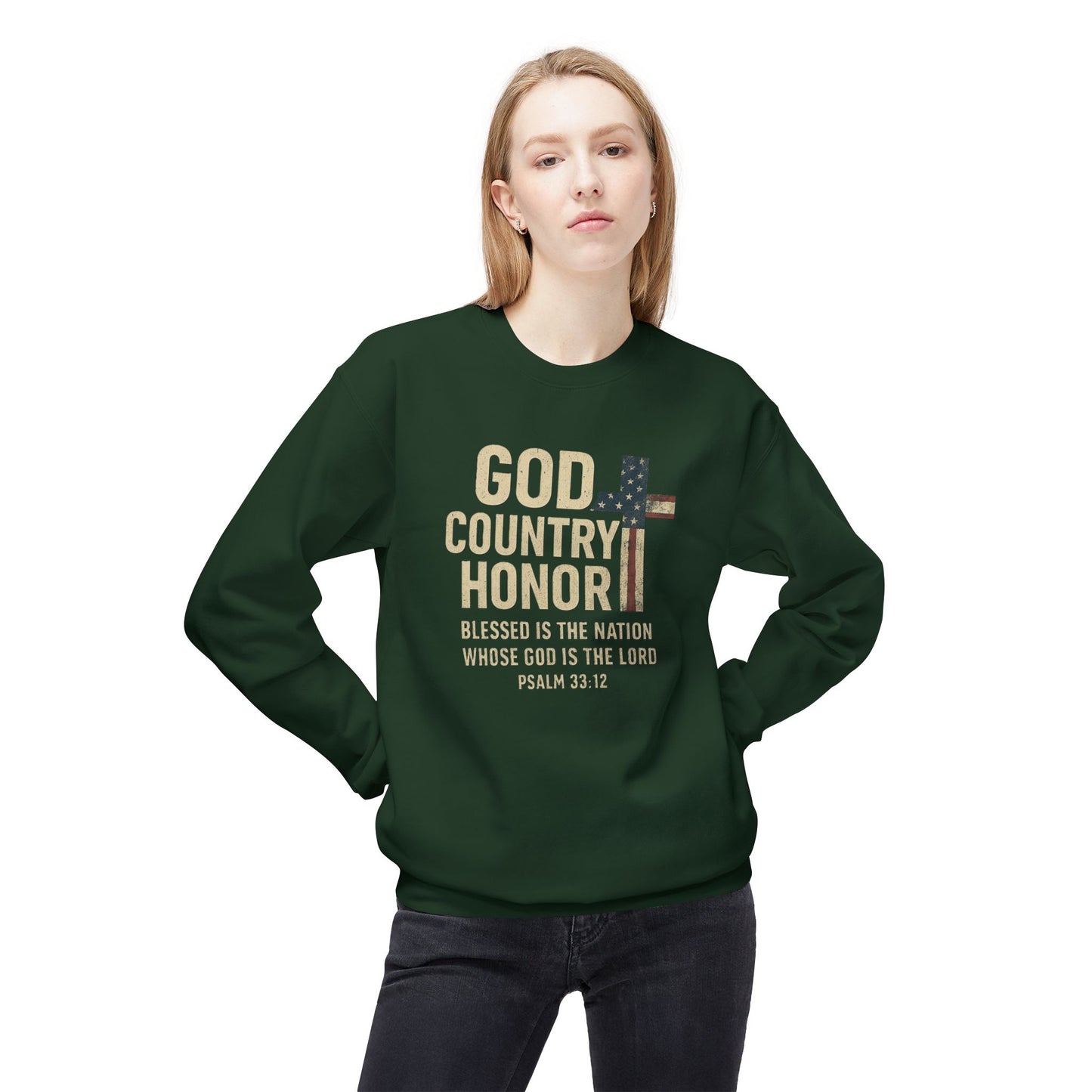 God, Country, Honor with American Flag Shaped Cross Sweatshirt -