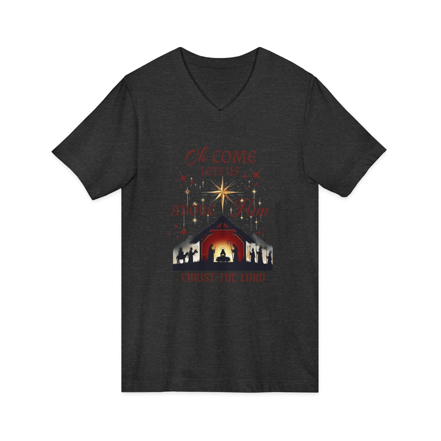 V-Neck Tee Nativity Scene 'Oh come let us adore Him, Christ the Lord'