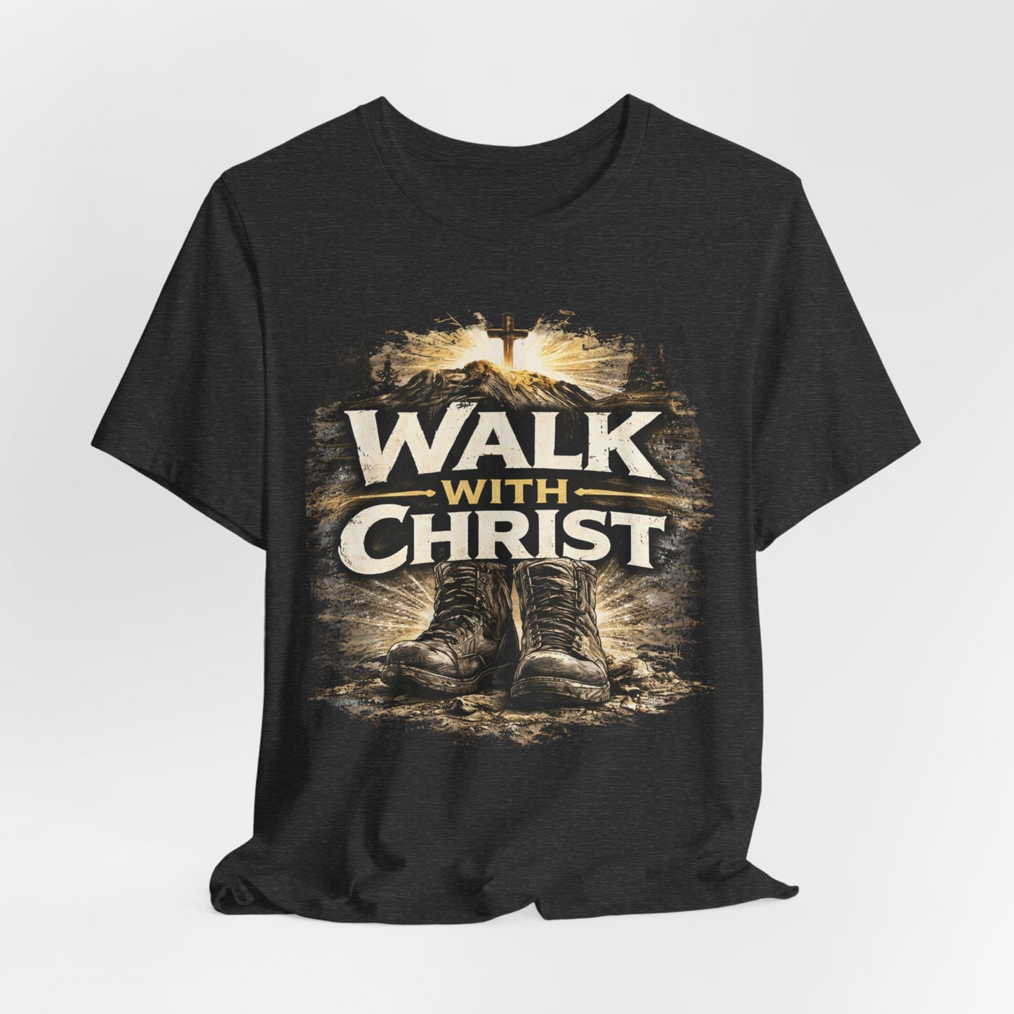 Walk With Christ T-Shirt — Christian Faith Tee with Boots & Cross Design