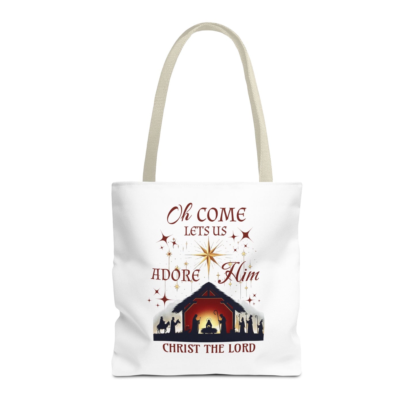 Nativity Scene Tote Bag with 'Oh come let us adore Him, Christ the Lord' Phrase