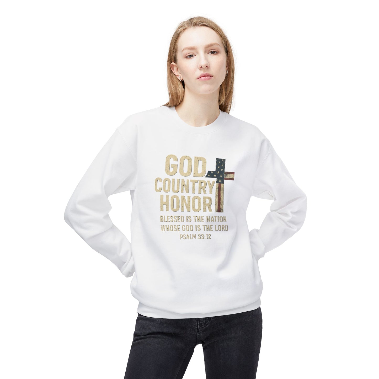 God, Country, Honor with American Flag Shaped Cross Sweatshirt -