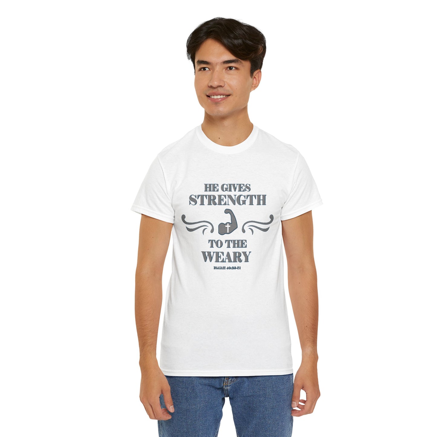 Christian Tee - Bible Verse Isaiah 40:29-31 'He gives Strength to the Weary'