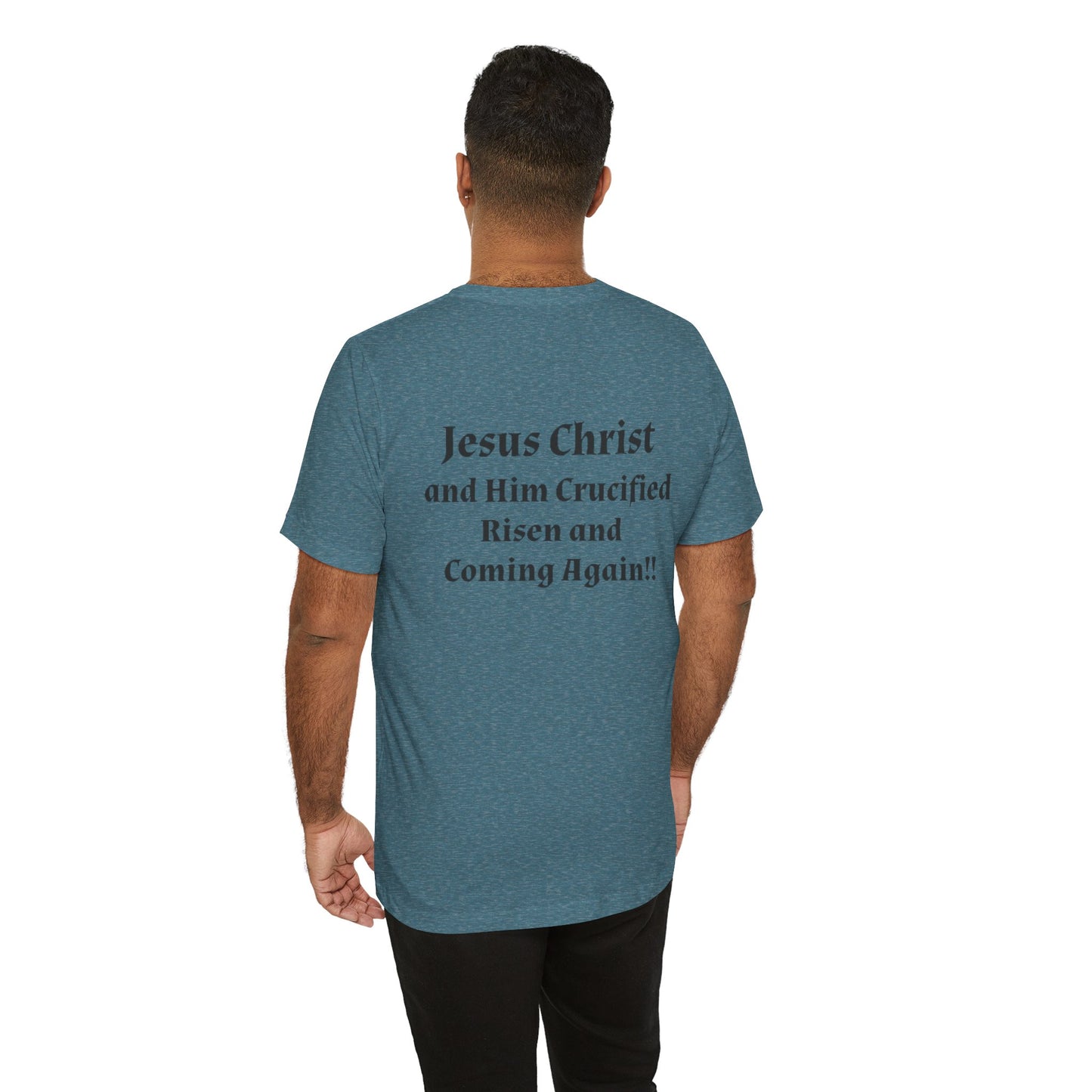 Jesus Christ (JC) Cross Tee — Crucified, Risen & Coming Again