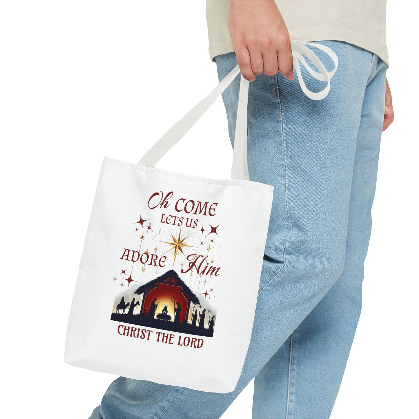 Nativity Scene Tote Bag with 'Oh come let us adore Him, Christ the Lord' Phrase