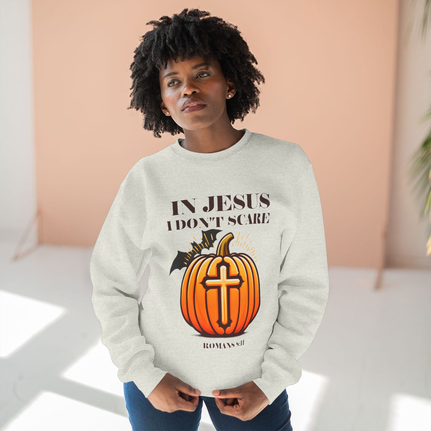 Christian Unisex Crewneck Sweatshirt with Bible Verse Romans 8:11 'IN JESUS I DON'T SCARE'