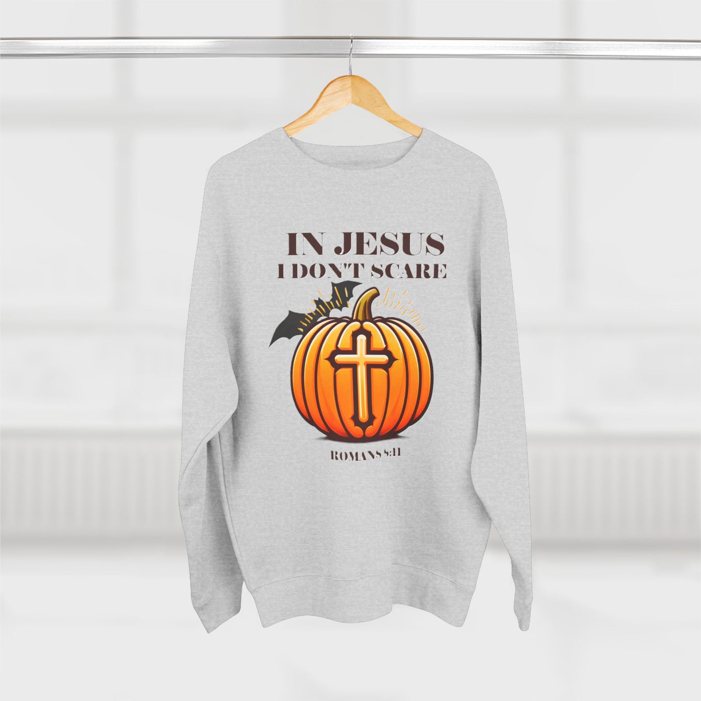 Christian Unisex Crewneck Sweatshirt with Bible Verse Romans 8:11 'IN JESUS I DON'T SCARE'