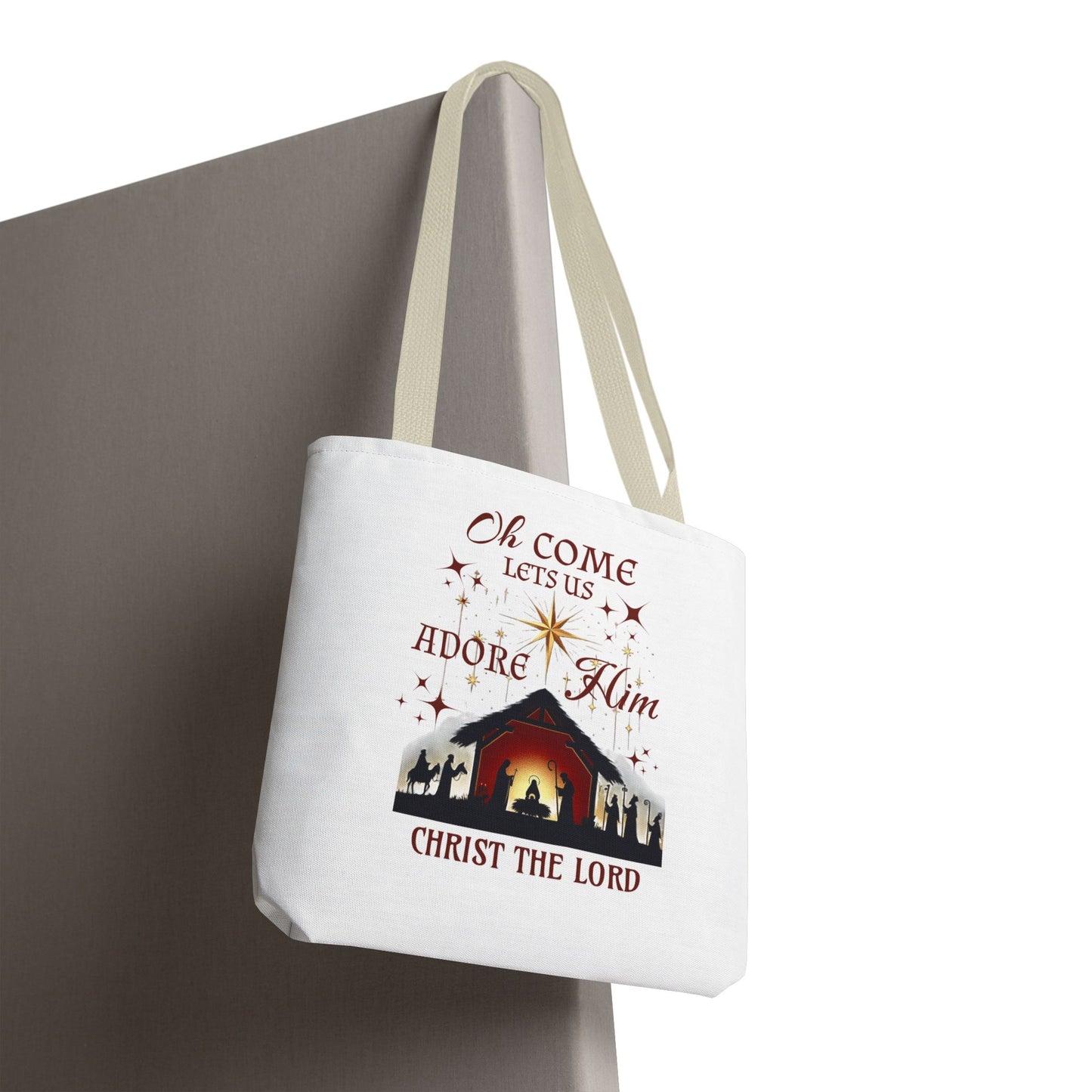 Nativity Scene Tote Bag with 'Oh come let us adore Him, Christ the Lord' Phrase