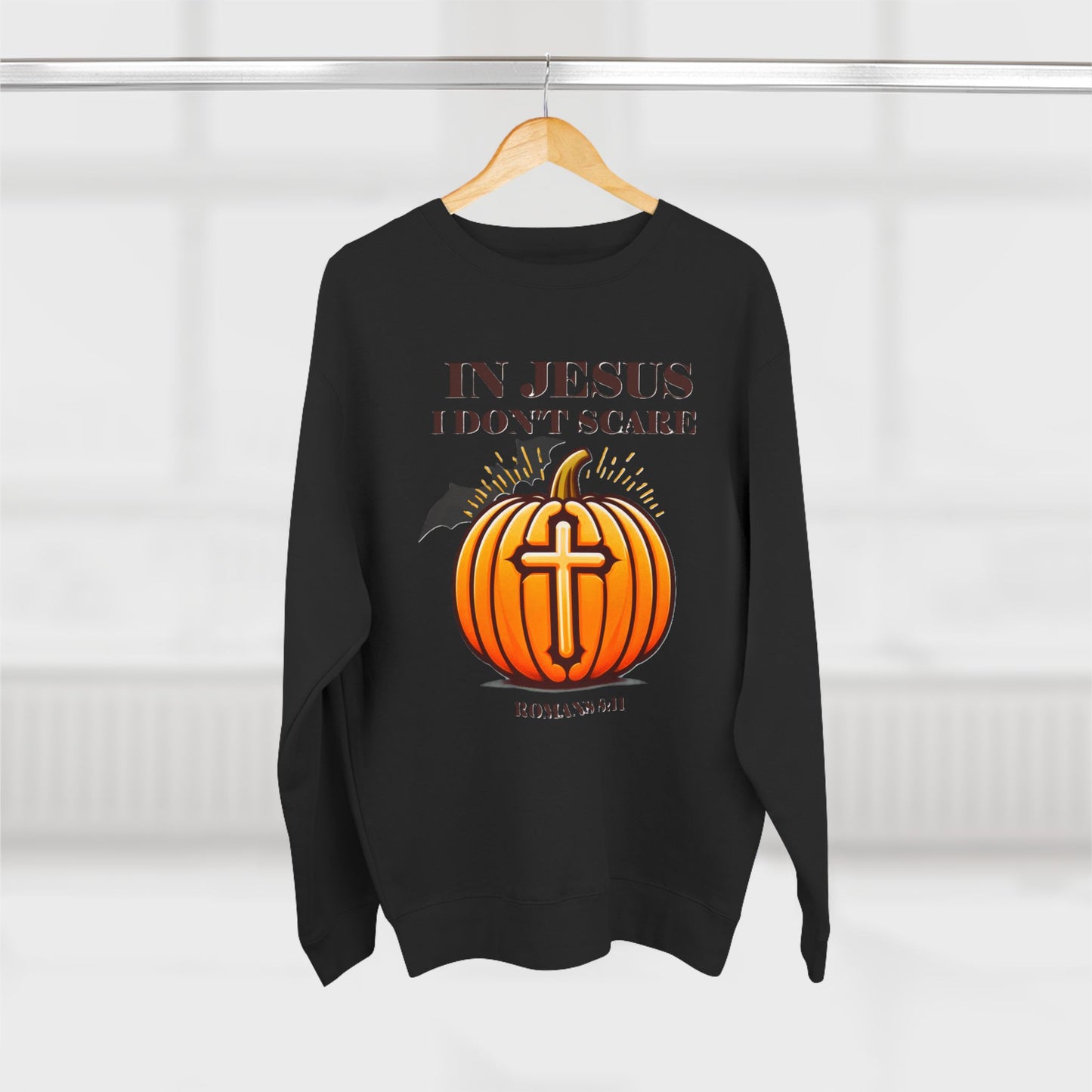 Christian Unisex Crewneck Sweatshirt with Bible Verse Romans 8:11 'IN JESUS I DON'T SCARE'
