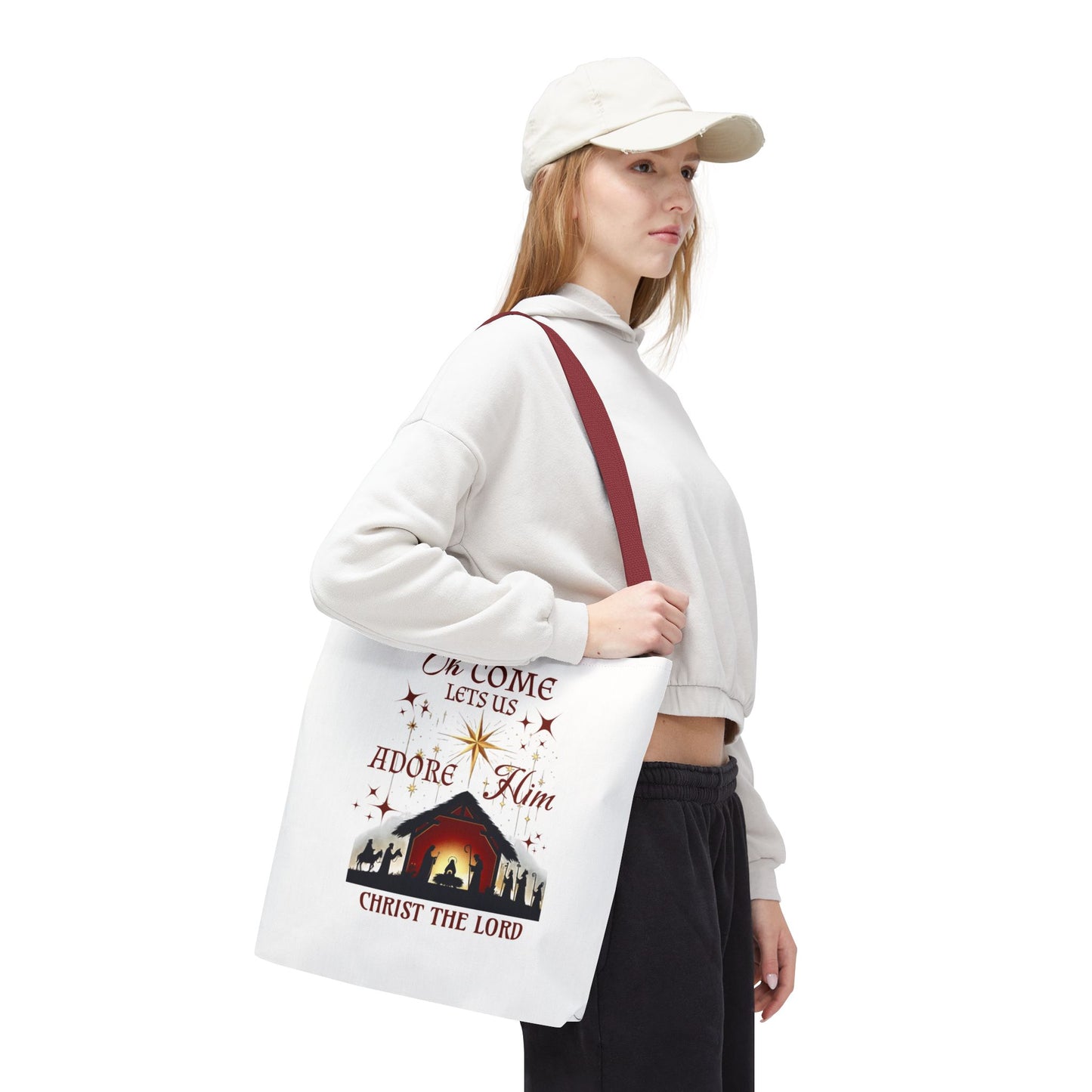 Nativity Scene Tote Bag with 'Oh come let us adore Him, Christ the Lord' Phrase