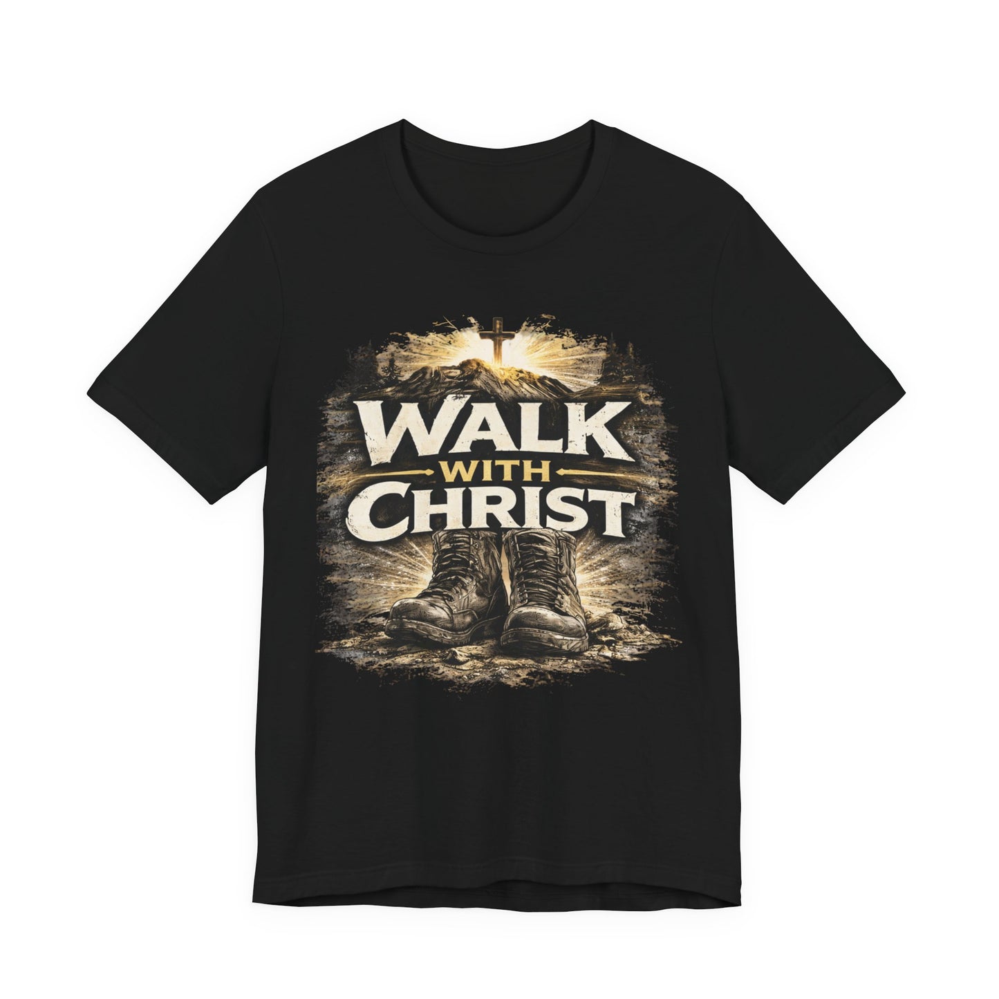 Walk With Christ T-Shirt — Christian Faith Tee with Boots & Cross Design
