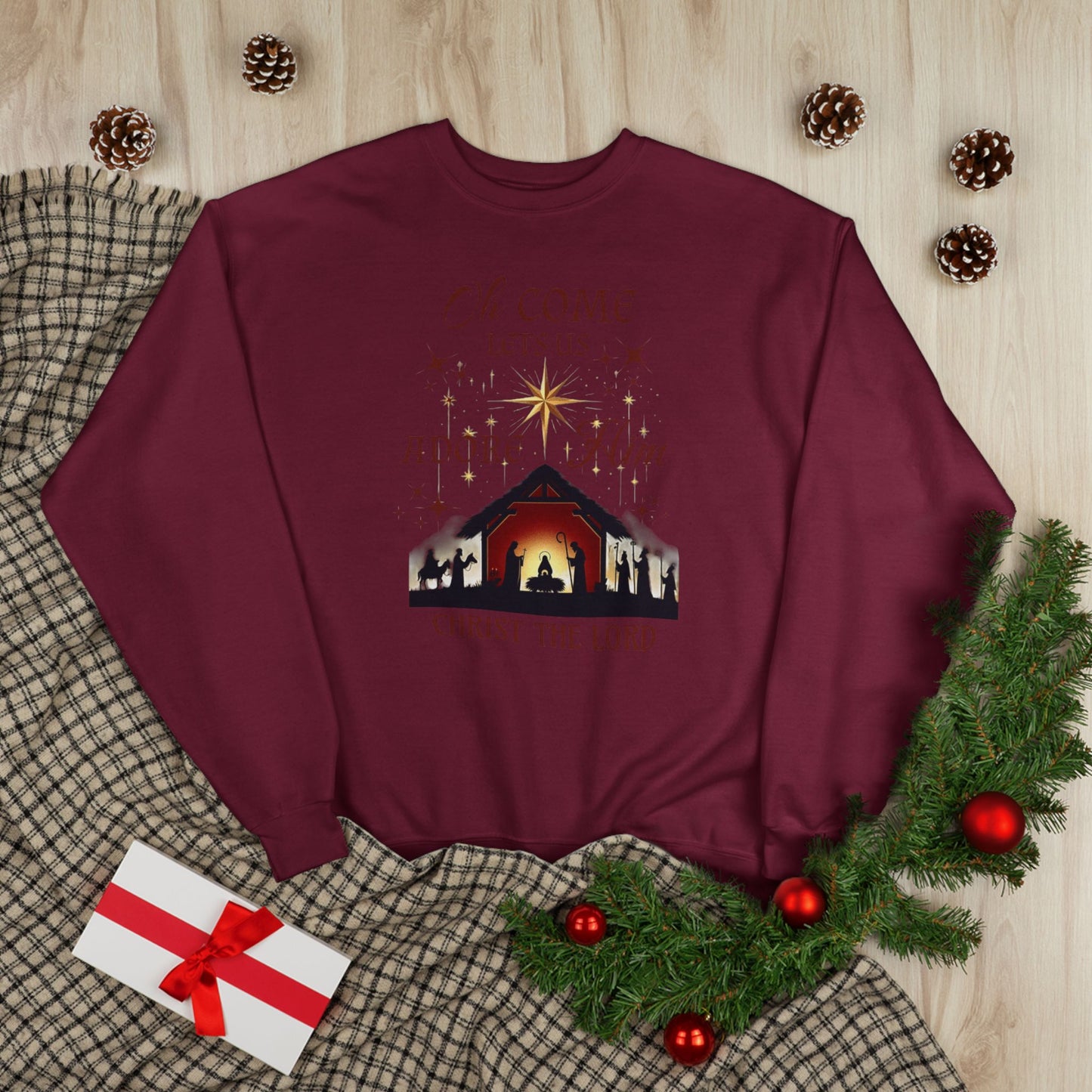 Christmas Nativity Unisex Sweatshirt with 'Oh come let us adore him, Christ the Lord' Design
