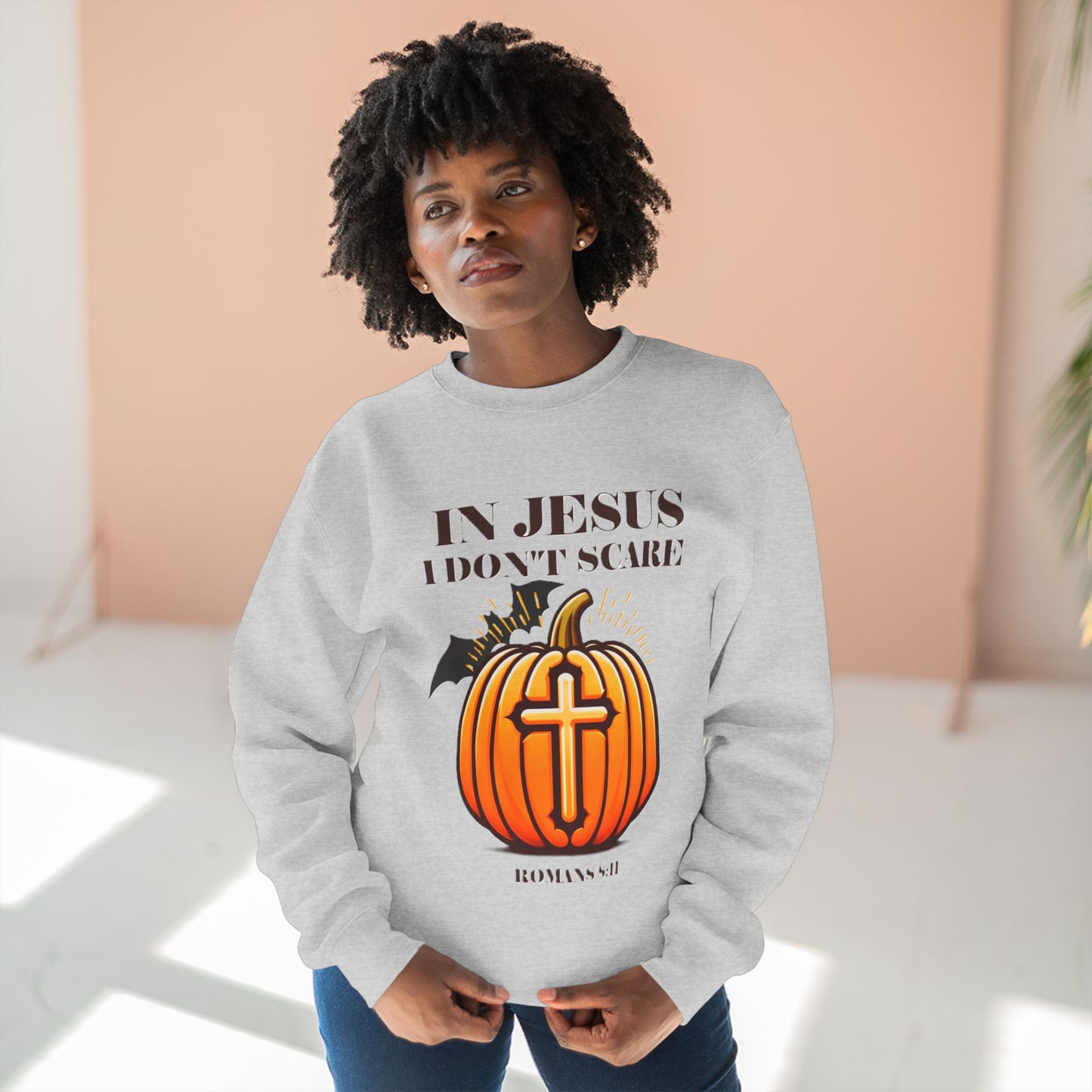 Christian Unisex Crewneck Sweatshirt with Bible Verse Romans 8:11 'IN JESUS I DON'T SCARE'