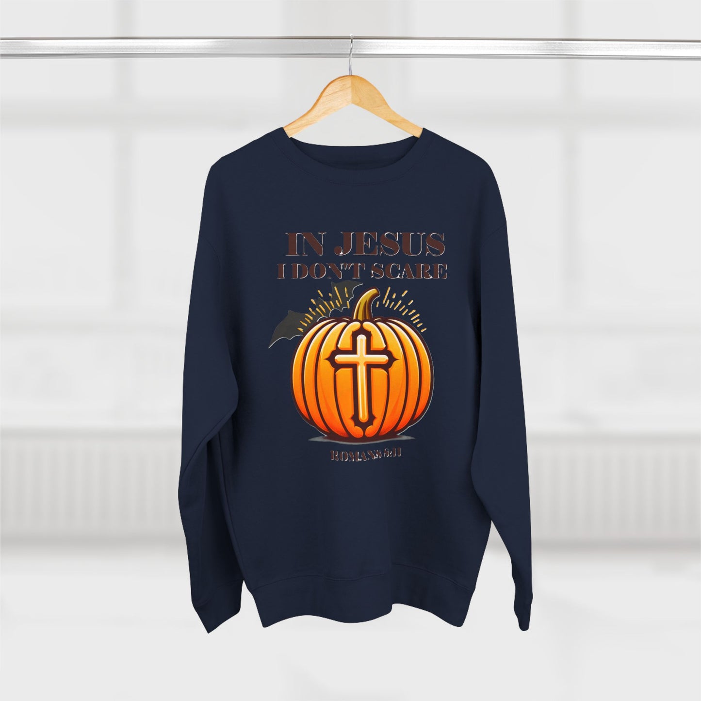 Christian Unisex Crewneck Sweatshirt with Bible Verse Romans 8:11 'IN JESUS I DON'T SCARE'