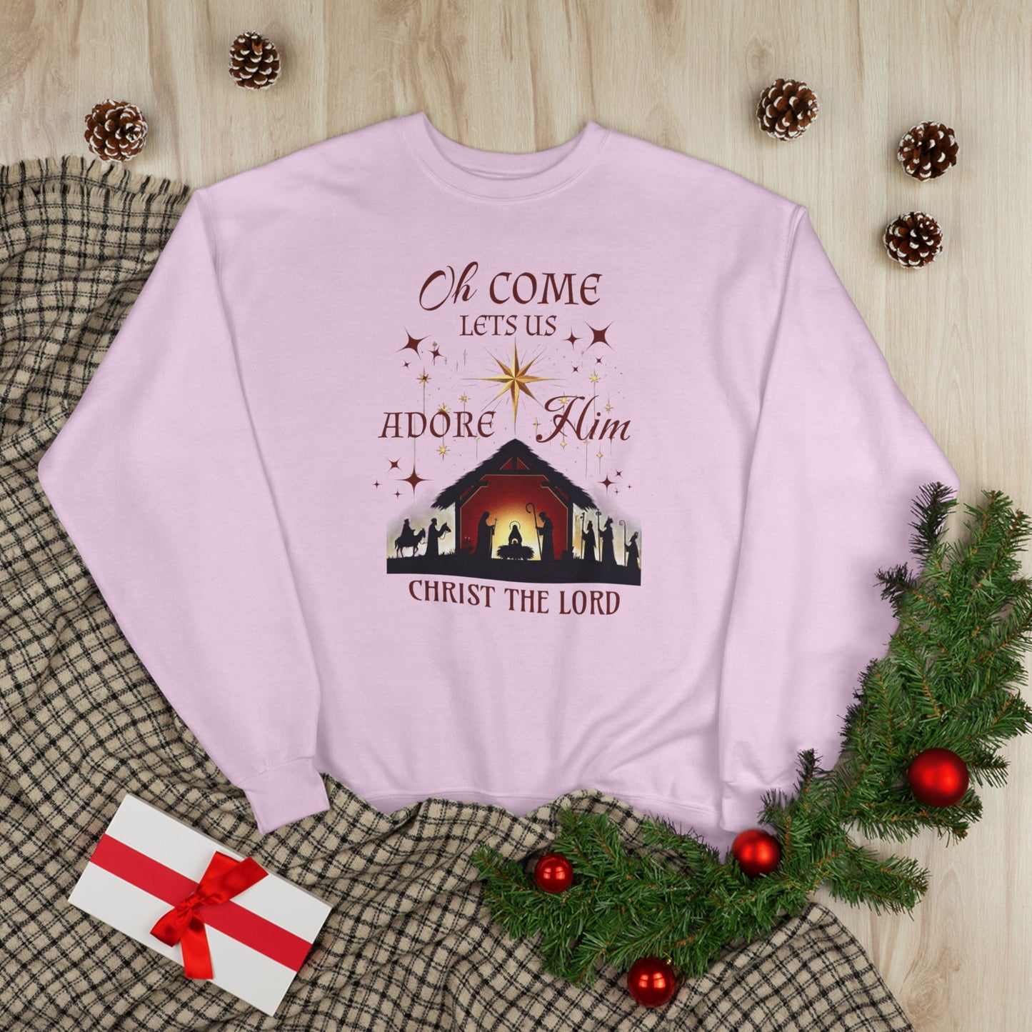 Christmas Nativity Unisex Sweatshirt with 'Oh come let us adore him, Christ the Lord' Design