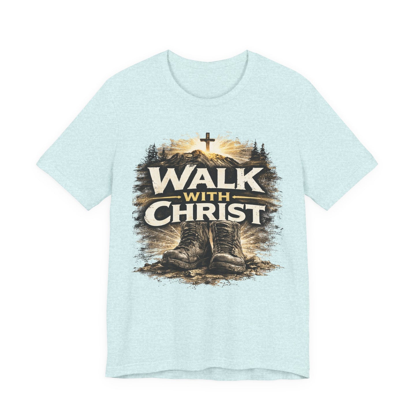 Walk With Christ T-Shirt — Christian Faith Tee with Boots & Cross Design