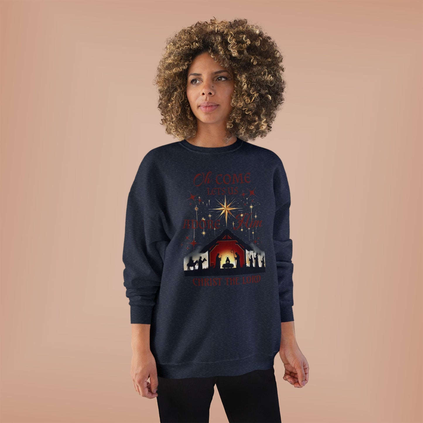 Christmas Nativity Unisex Sweatshirt with 'Oh come let us adore him, Christ the Lord' Design
