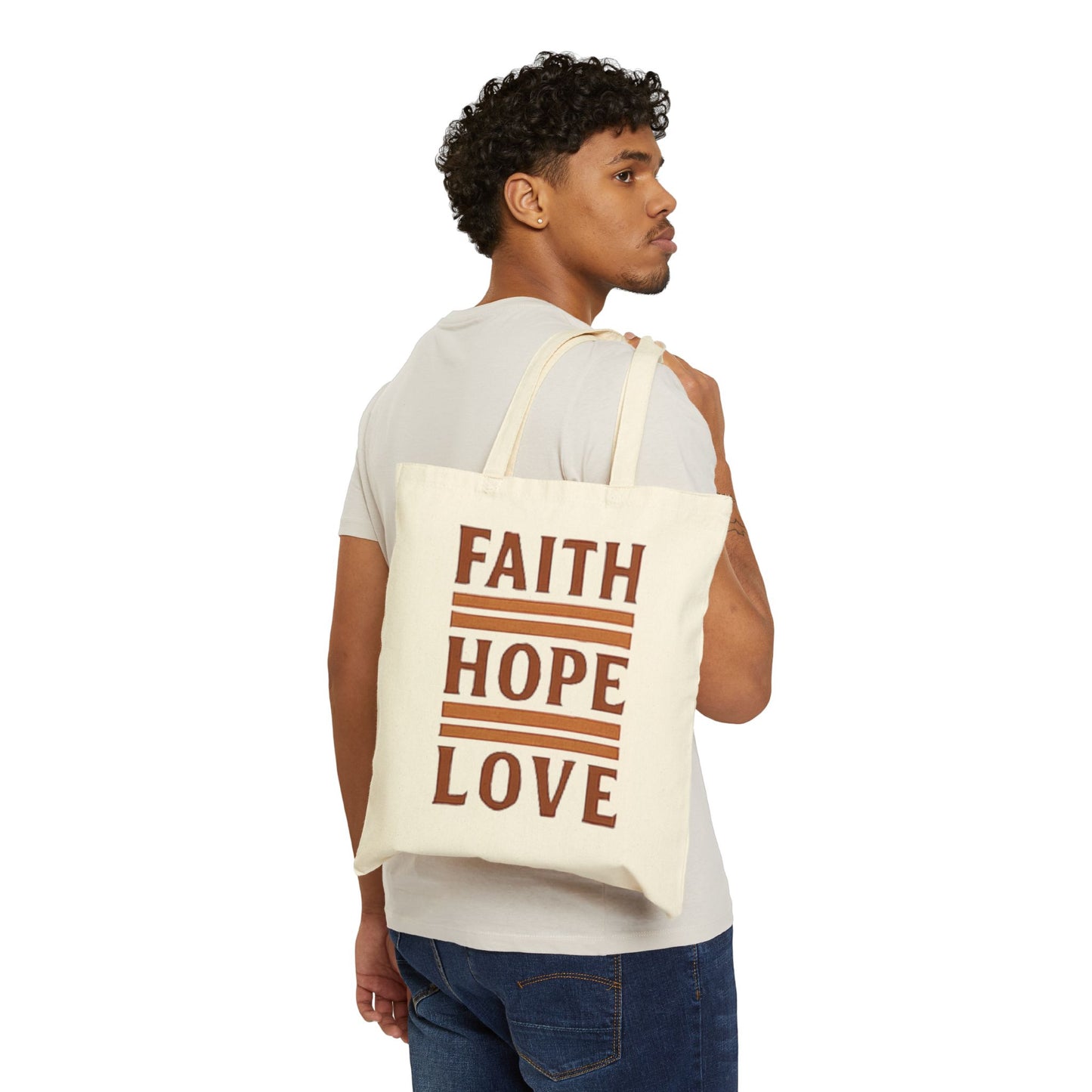 Faith Hope Love Cotton Canvas Tote Bag — Inspirational Quote Market Bag