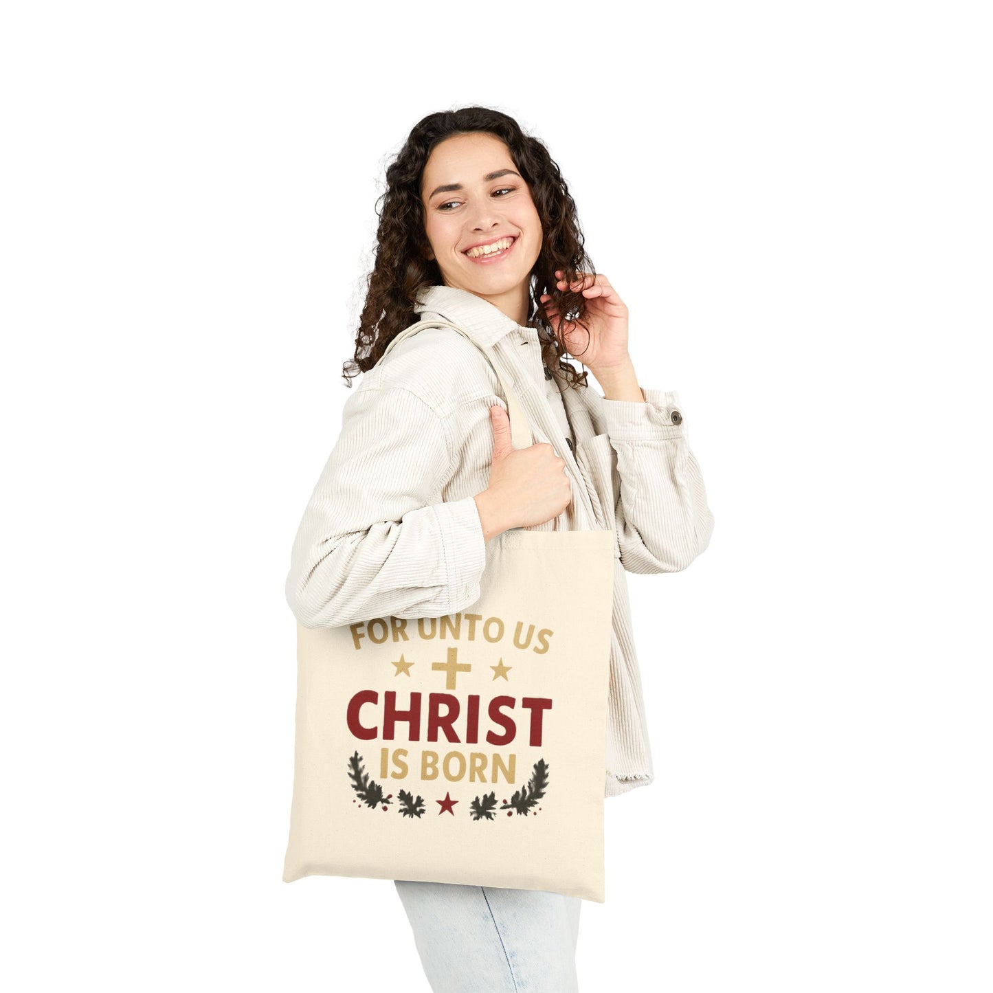 Christian Cotton Canvas Tote Bag — "For Unto Us Christ Is Born" Nativity Gospel Tote